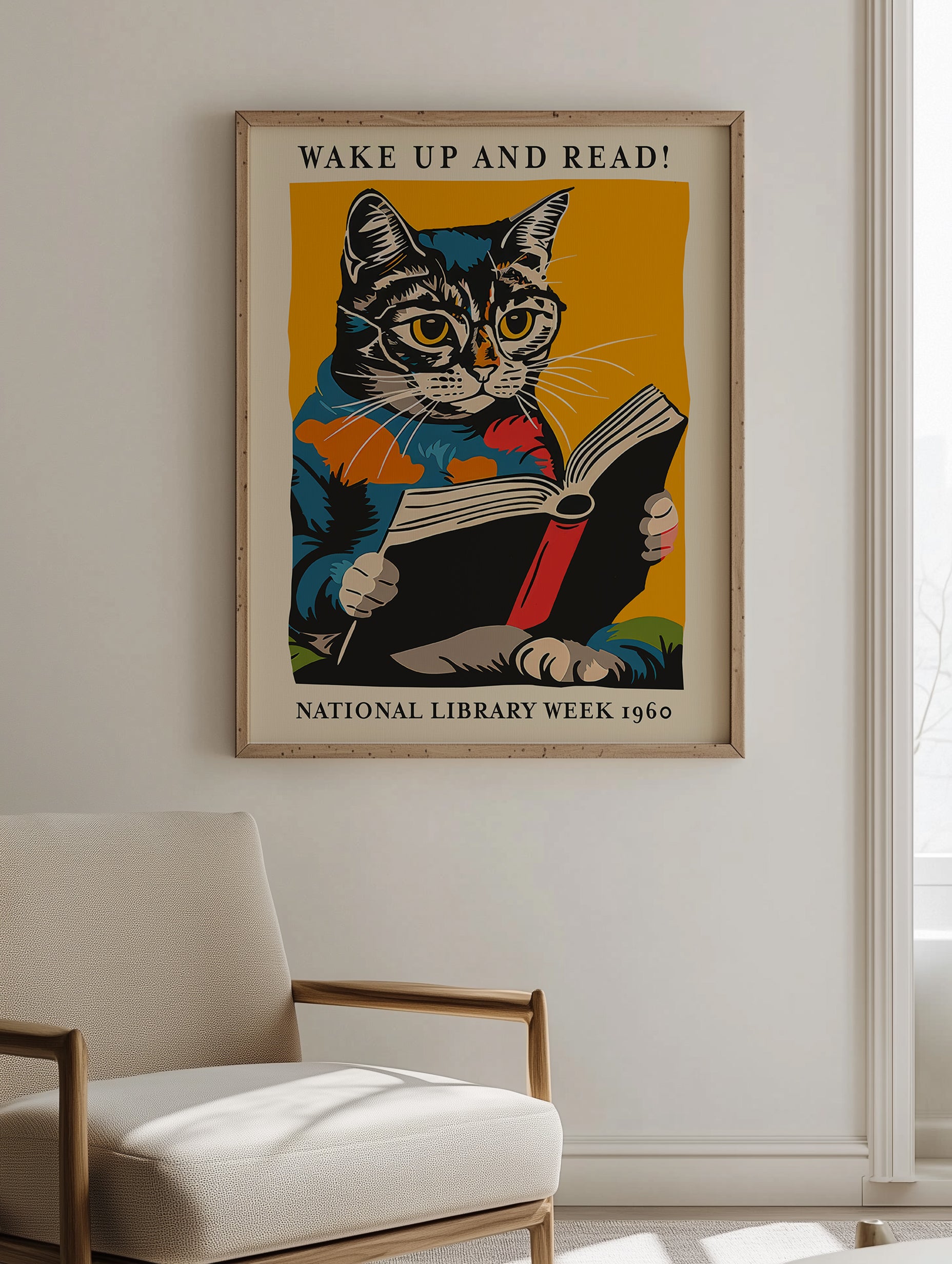 Affiche de lecture de chat - Réveillez-vous et lisez