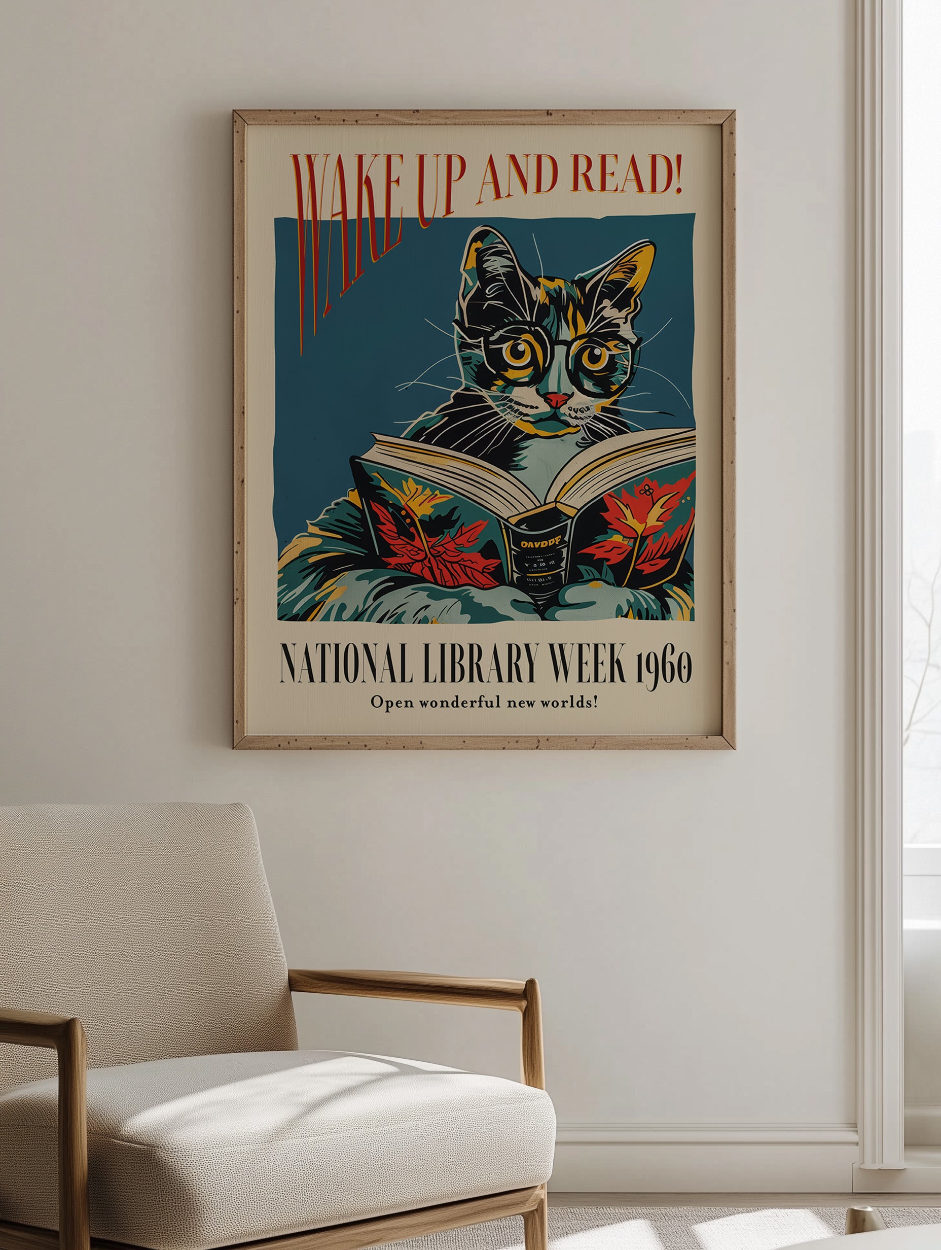Poster mit Katze und Buch – Wach auf und lies