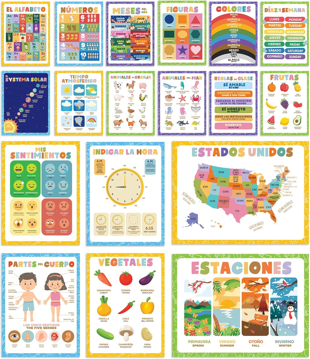 Kids Spanish Educational Poster Set, Alphabet Posters,Playroom prints,Montessori Classroom Decor,Education Learning Bilingual Teacher