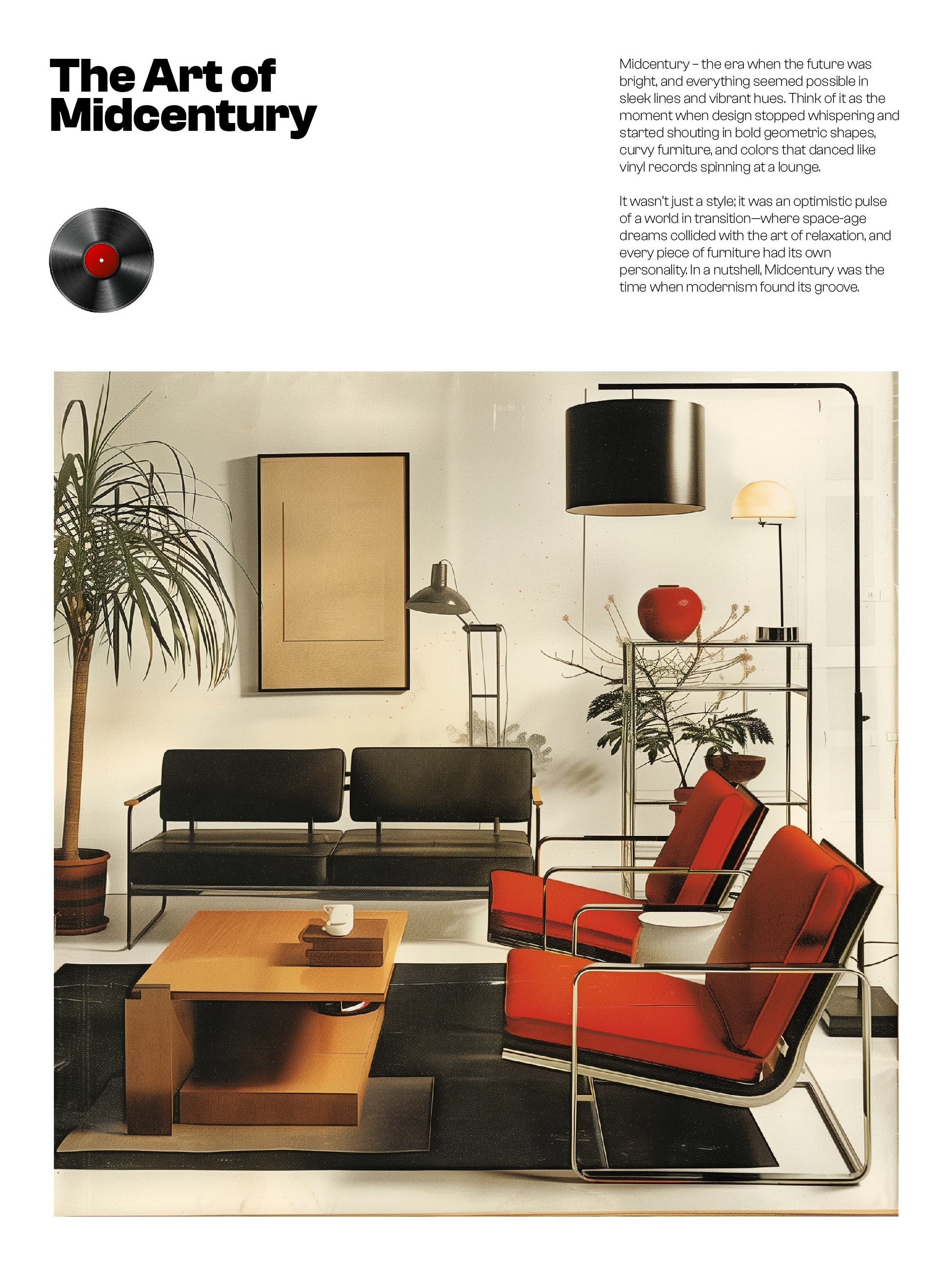 The Art of Midcentury Poster – Bauhaus-Inspired Lounge Scene with Modernist Typography Print