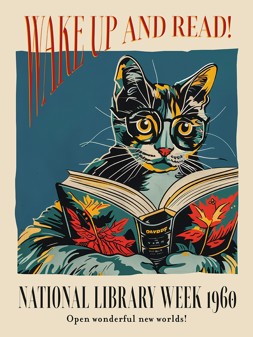 Cat and Book Poster - Wake Up and Read