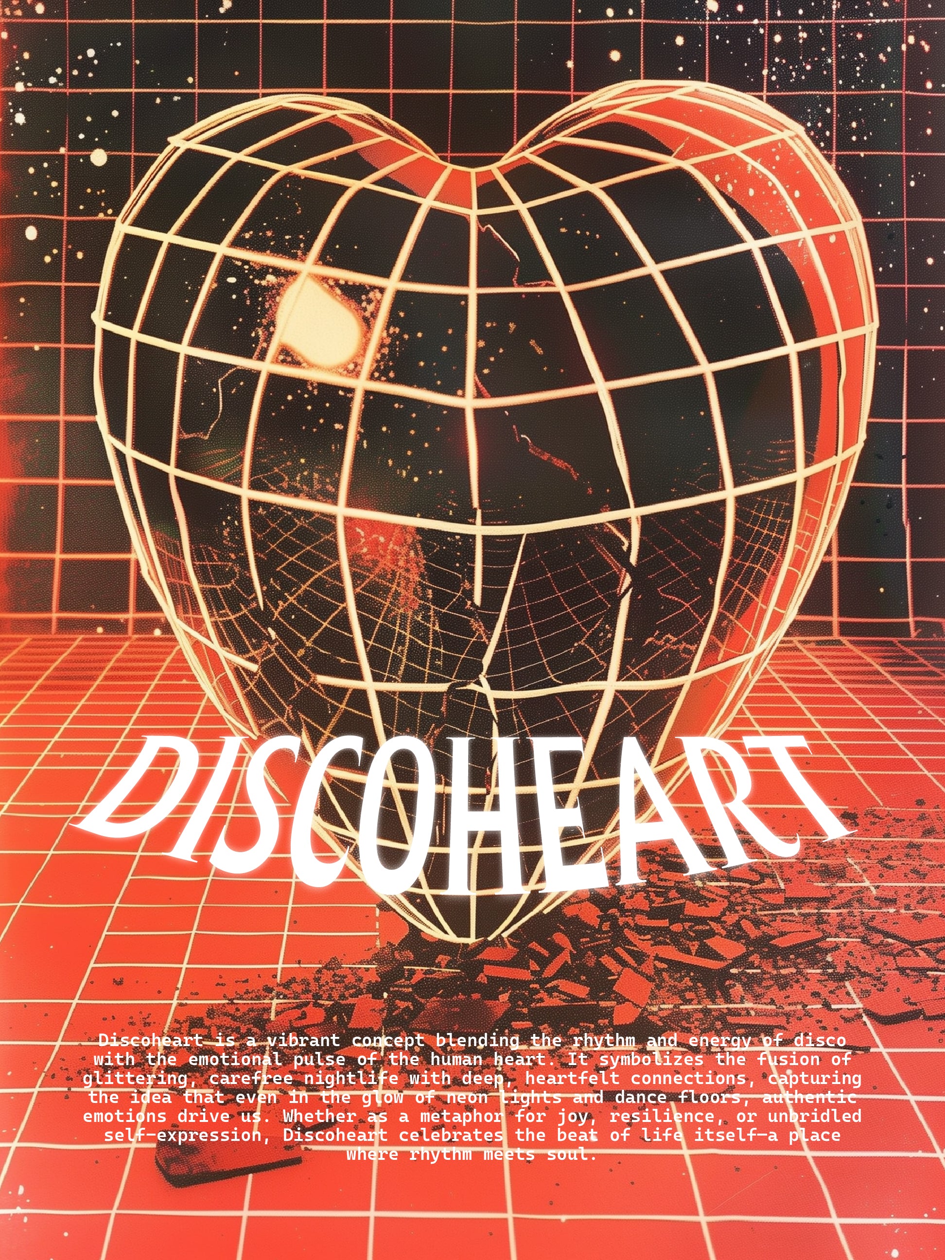 Discoheart Wall Art – Retro Grid Heart Print – Emotional Neon Poster