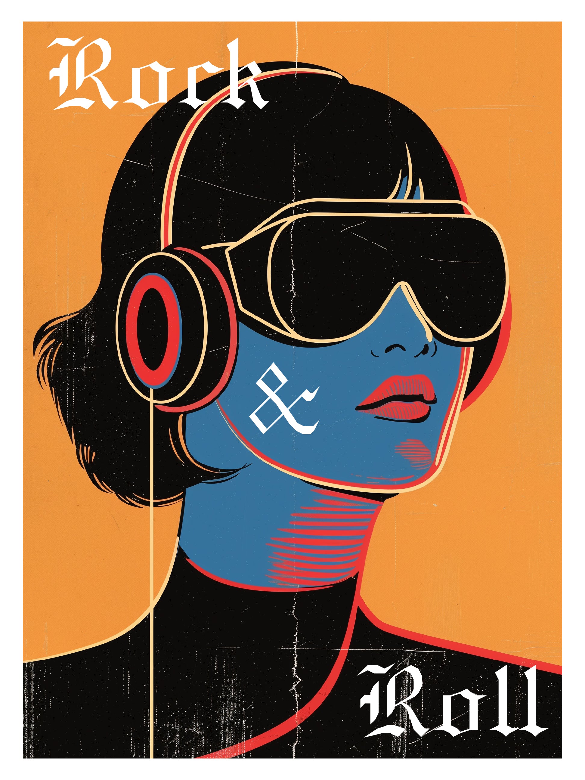 Rock & Roll Pop Art Print – Bold Retro Portrait with Headphones and Sunglasses – Luxury Wall Poster