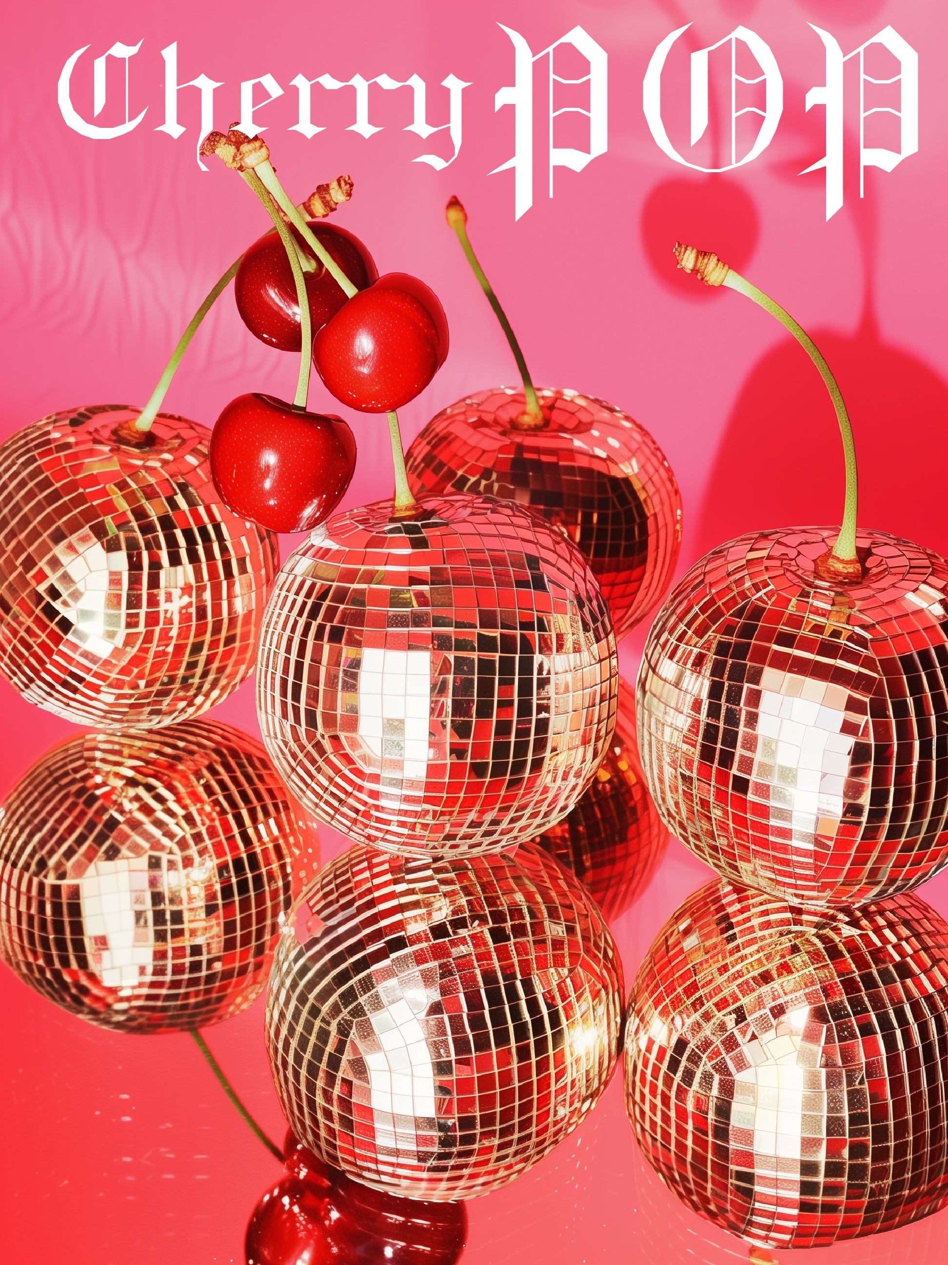 Cherry Pop Wall Art – Glam Disco Cherry Poster in Bold Pink and Red – Retro Pop Art Print