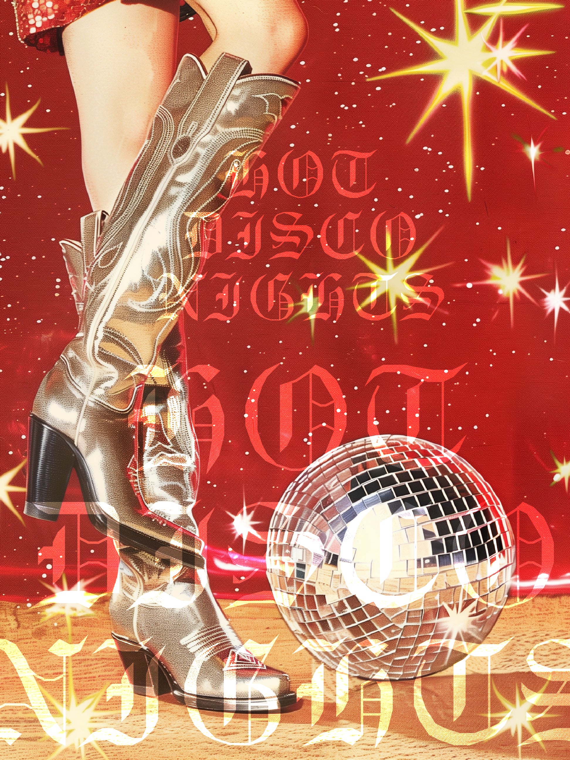 Hot Disco Nights Wall Art – Glam Cowboy Boots and Mirrorball Poster – Retro Red Disco Print