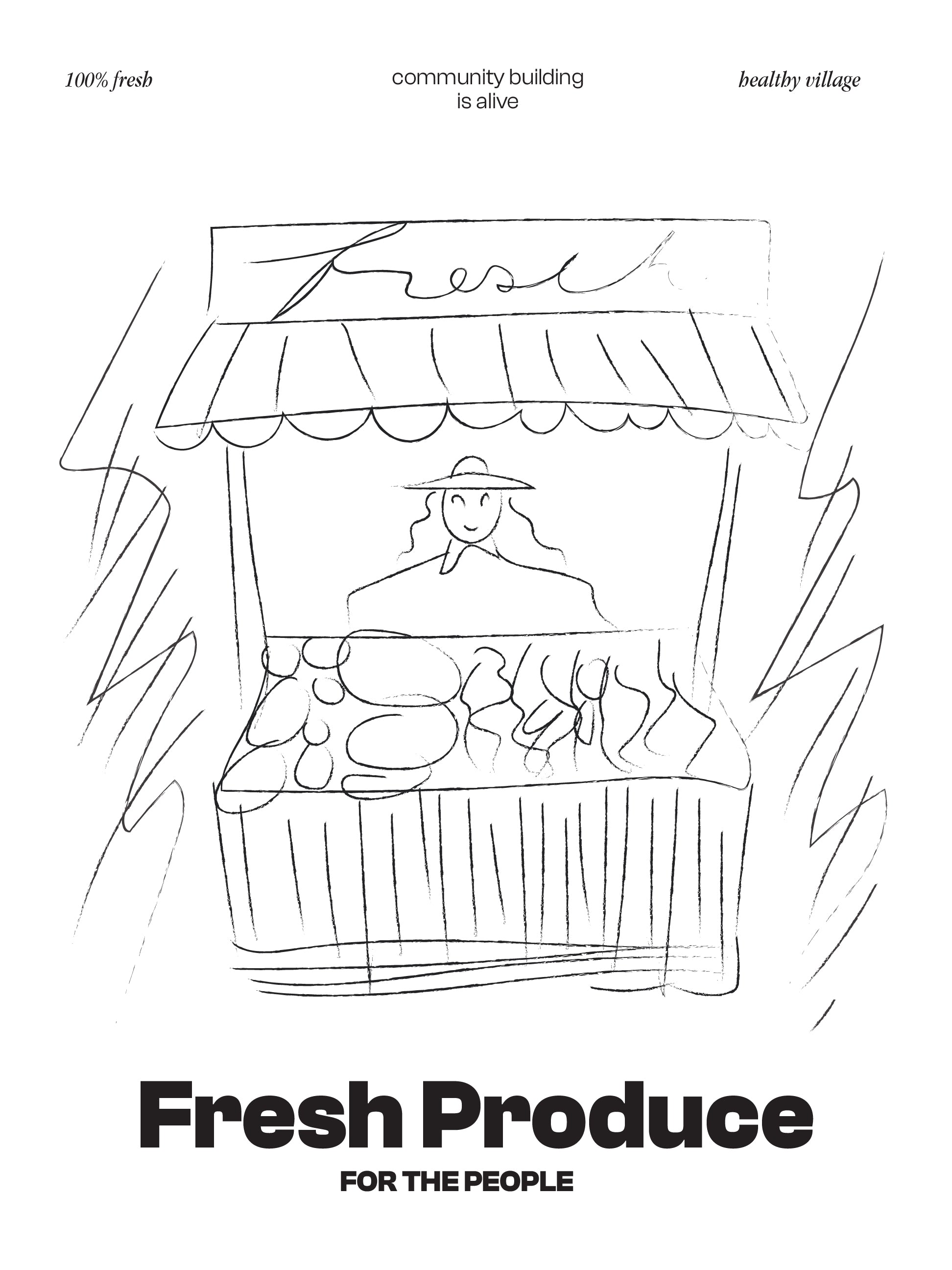 Fresh Produce Stand Poster – Whimsical Market Line Drawing Art Print