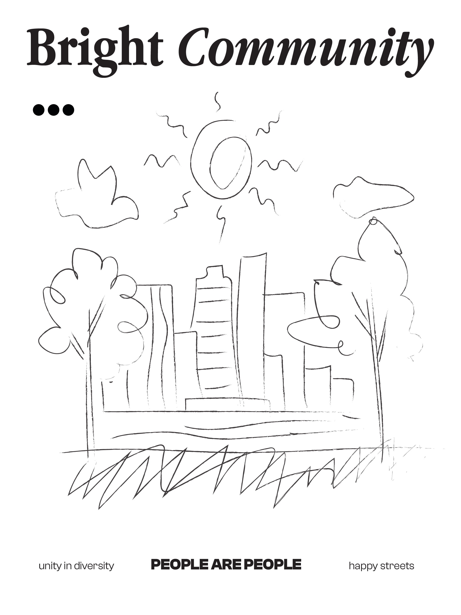 Bright City Community Poster – Whimsical Urban Park Line Drawing Print