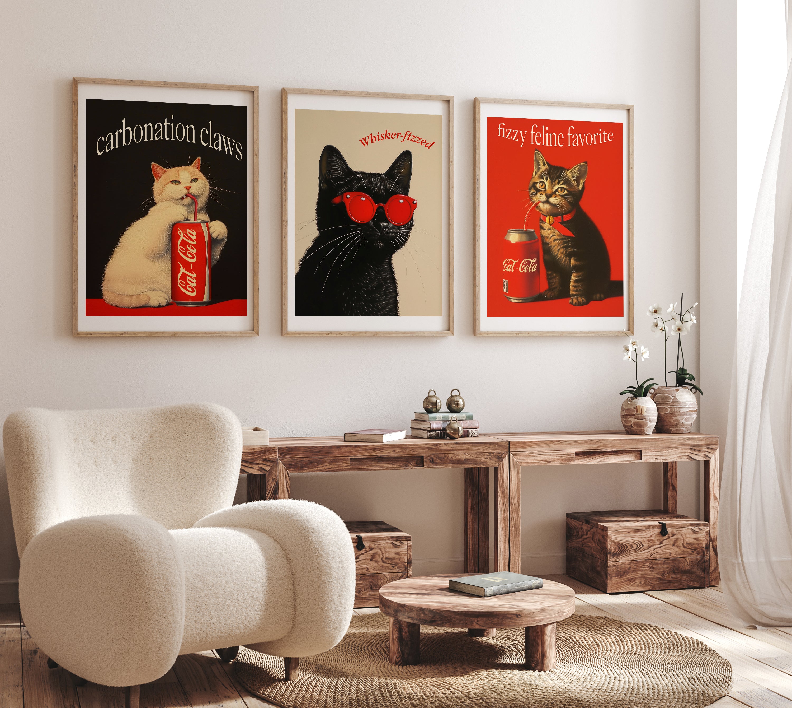 Cat-Cola Feline Pop Art Trio – Retro Whimsical Cat Prints with Soda Theme Set of 3 – Bold Funny Posters