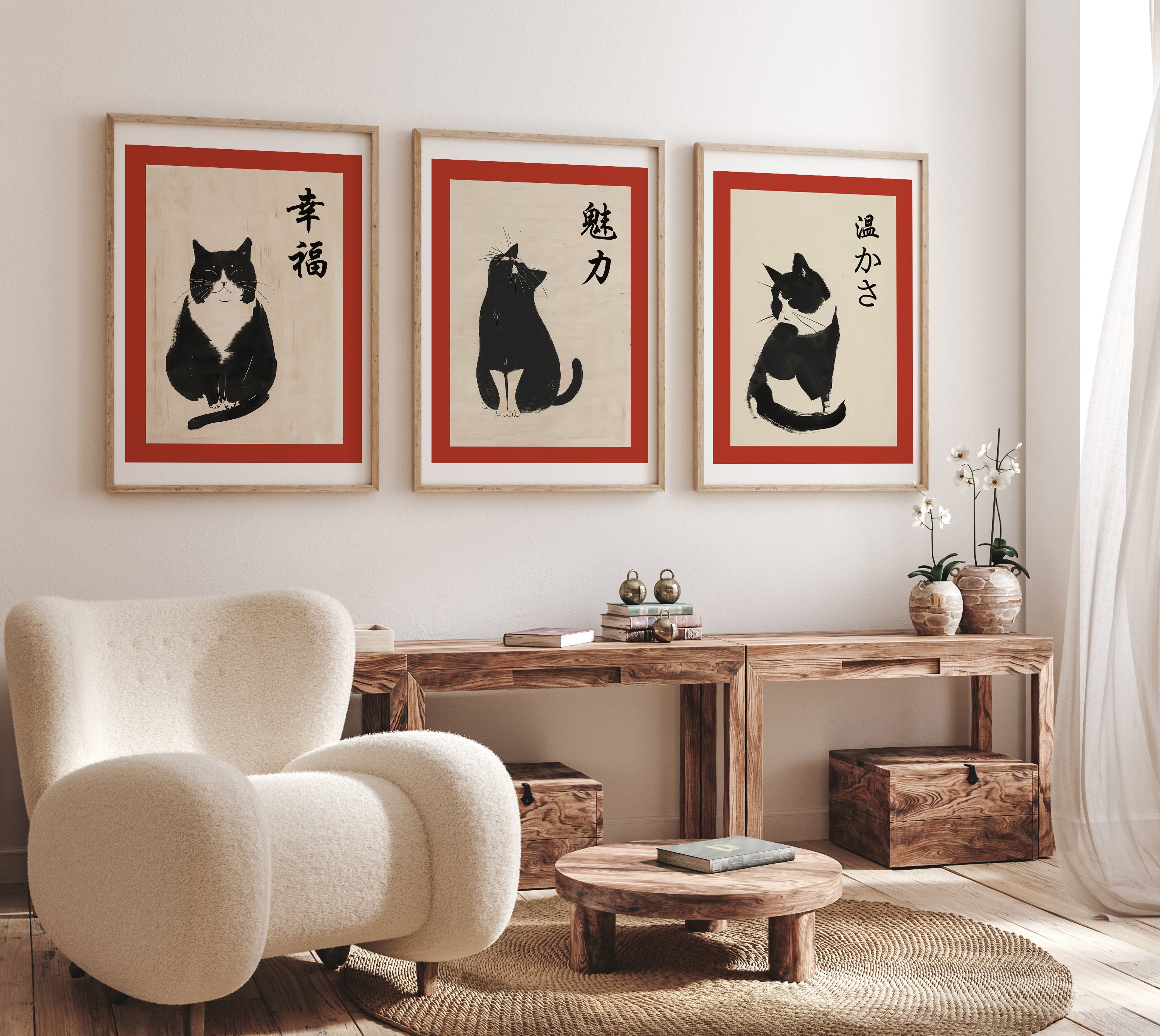 Zen Cat Brush Painting Print Set of 3 – Japanese Calligraphy Cat Trio Wall Art