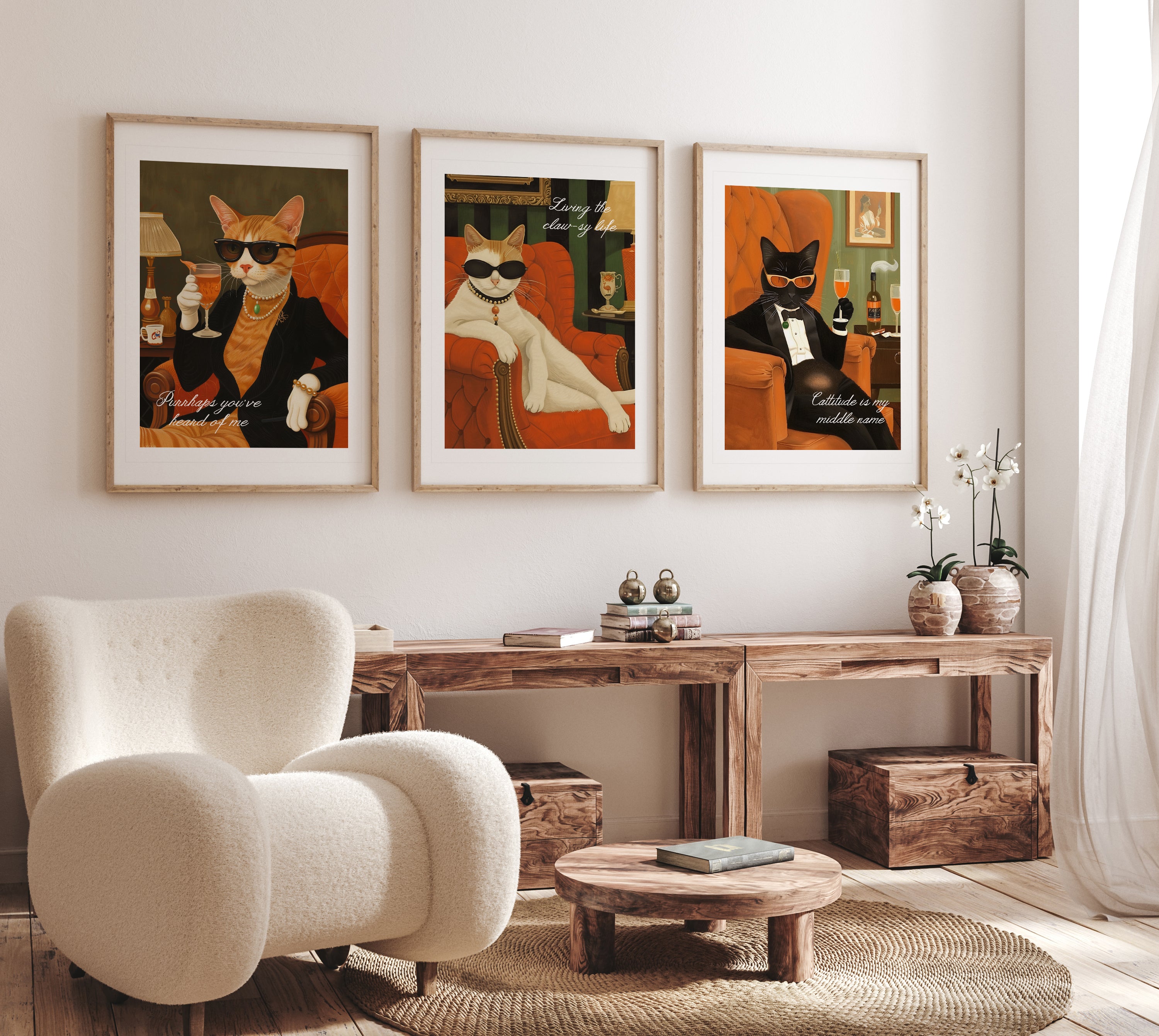 Luxury Cat Portraits Wall Art – Sophisticated Feline Trio Poster Set of 3 – Classy Cat Decor