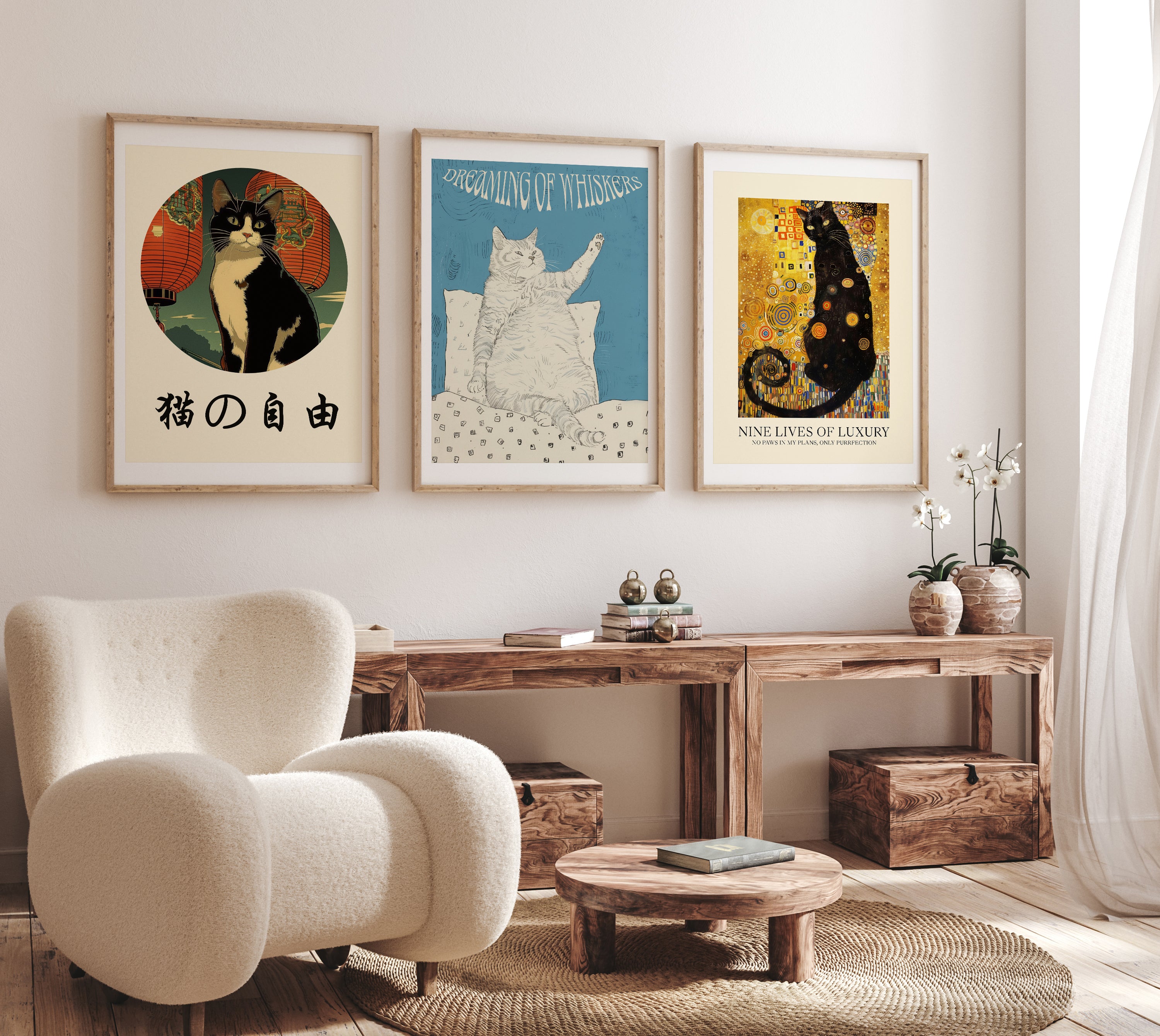 Artistic Cat Wall Art Set of 3 – Japanese-Inspired, Dreamy Sketch, and Klimt Style Prints