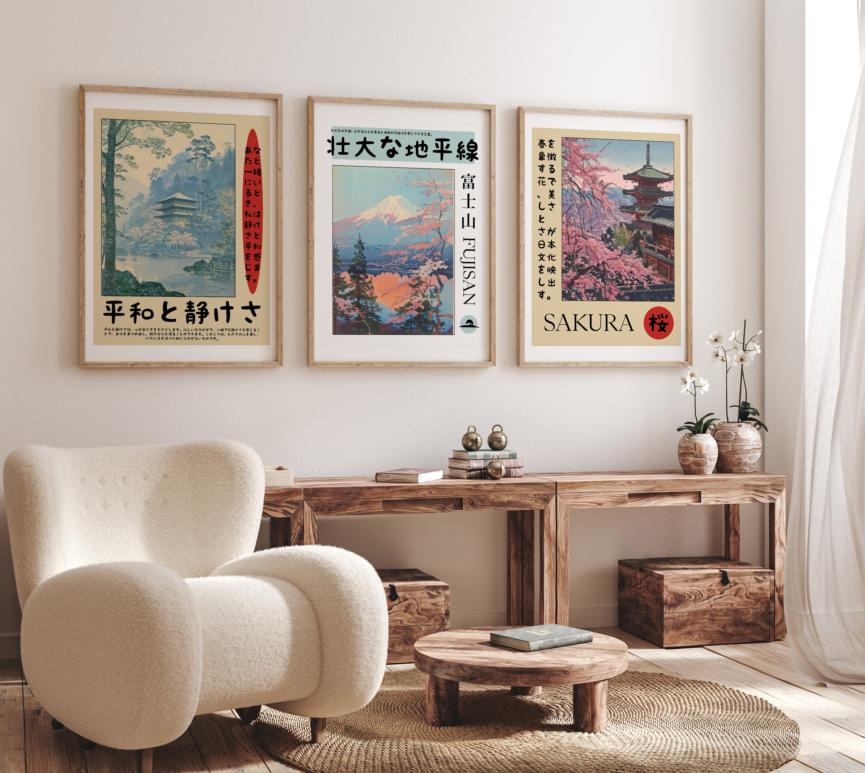 Japanese Tranquility Wall Art Set of 3 – Fujisan, Sakura & Peaceful Temple Prints