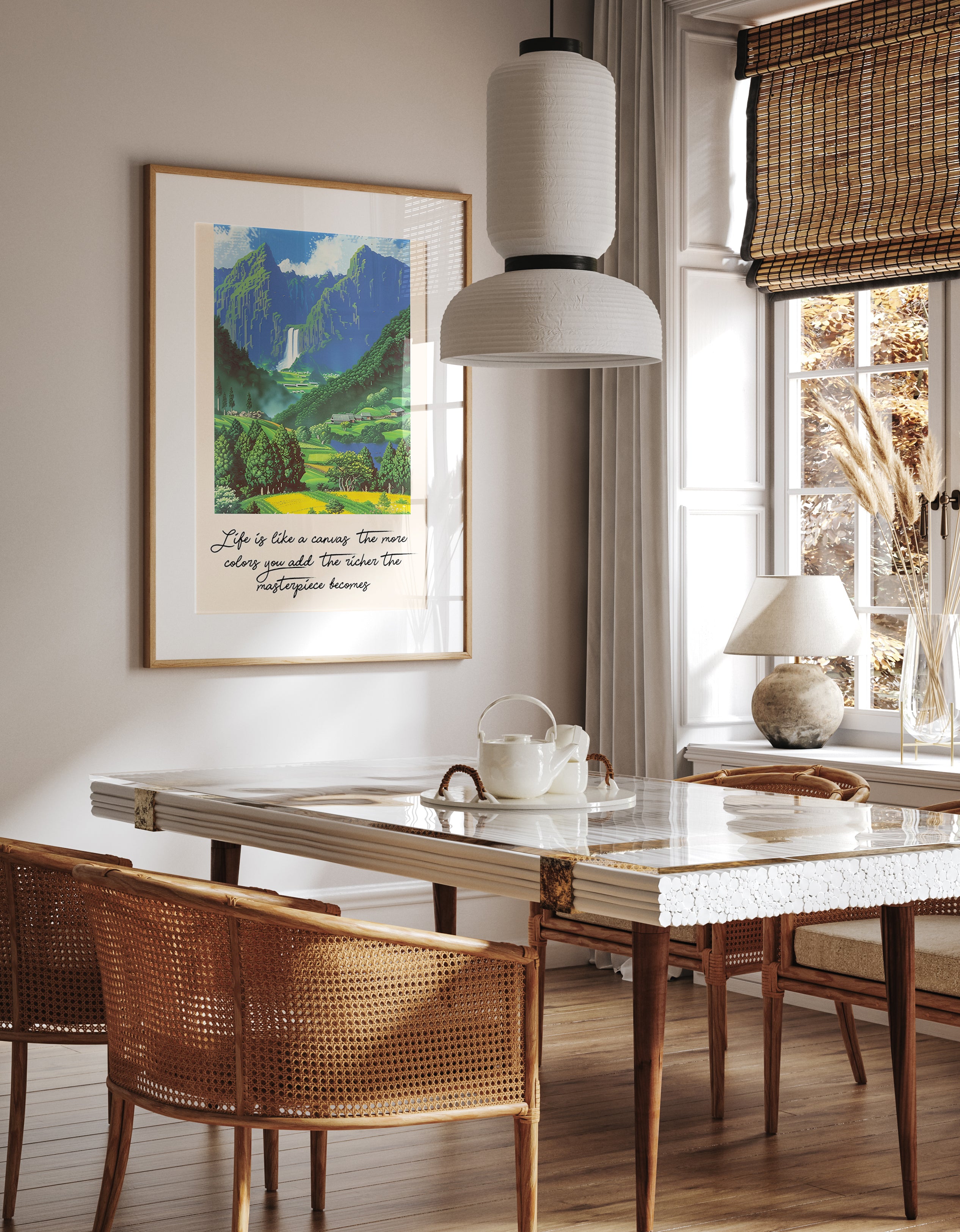 Mountain Waterfall Village Scenic Wall Print