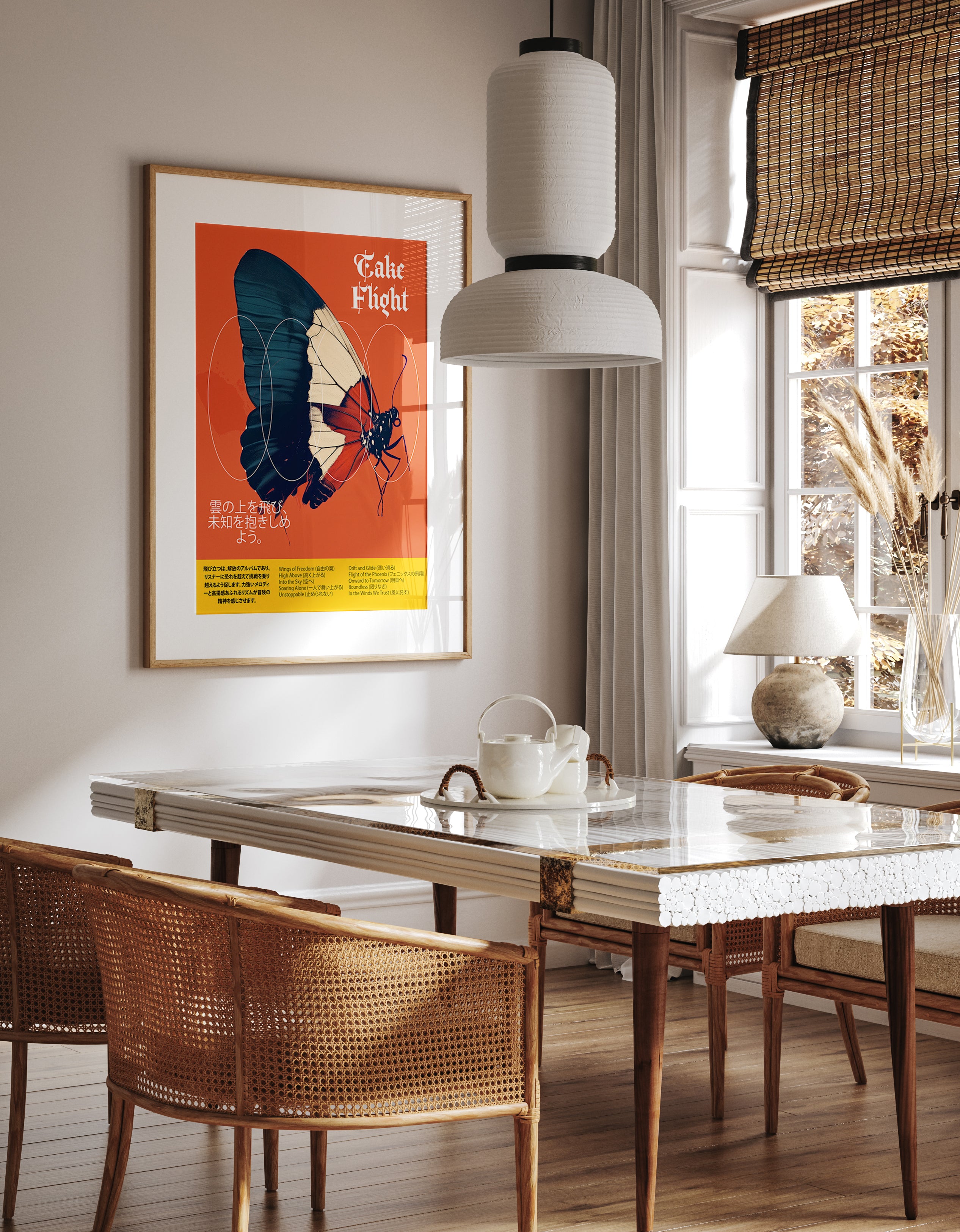 Take Flight Poster – Bold Butterfly Metaphor with Japanese Typography Print