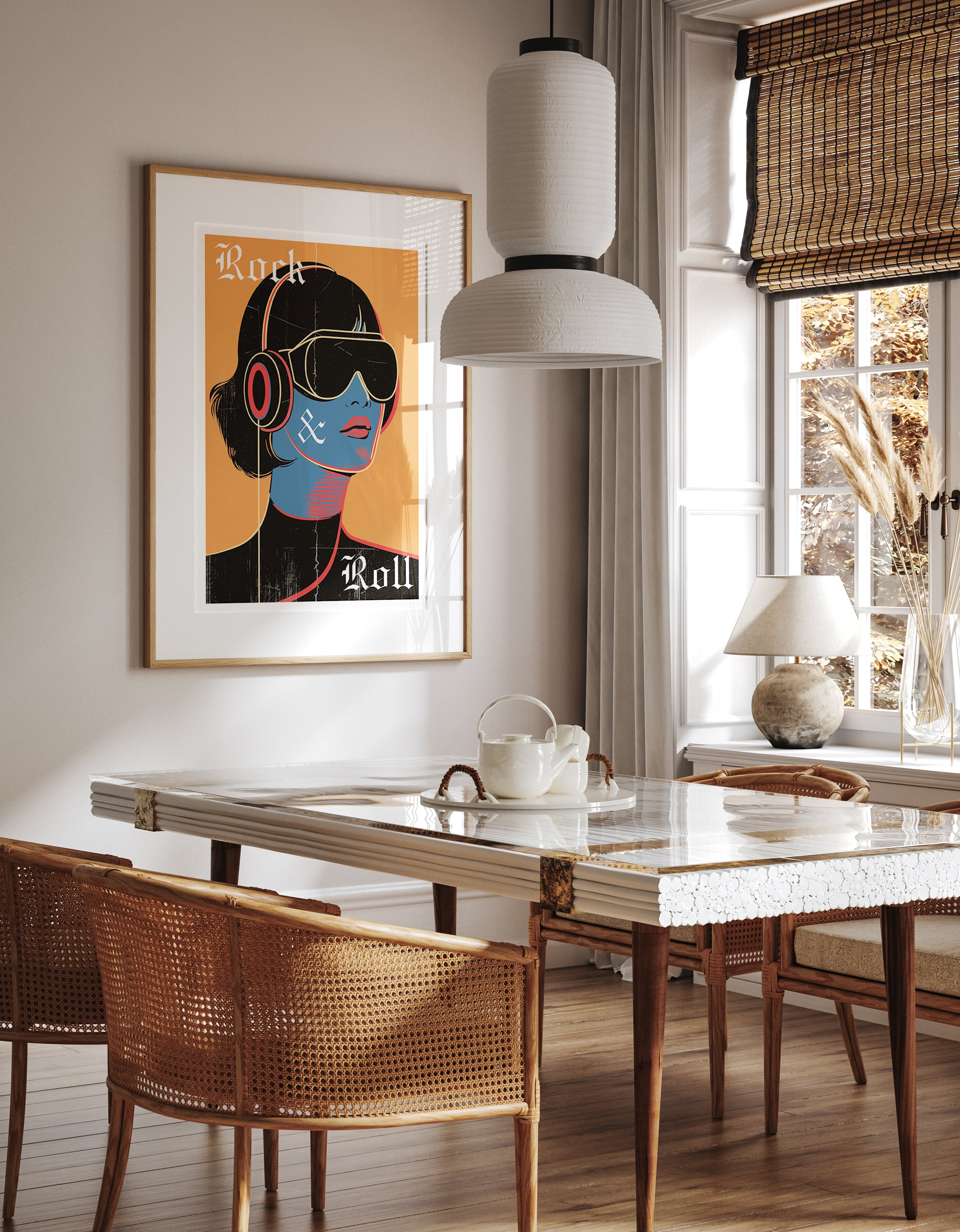 Rock & Roll Pop Art Print – Bold Retro Portrait with Headphones and Sunglasses – Luxury Wall Poster