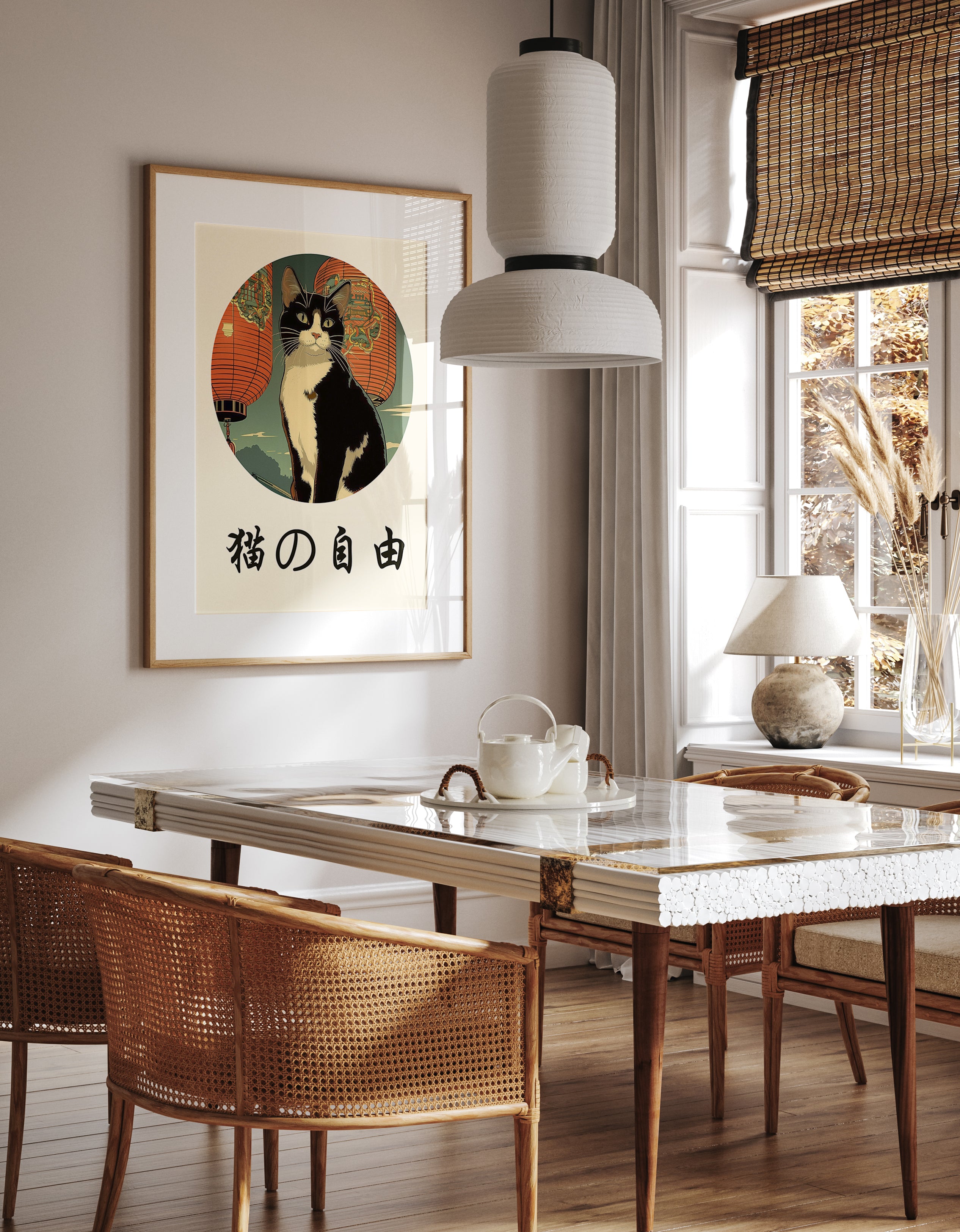 Cat's Freedom Japanese Poster – Tuxedo Cat with Lanterns – Oriental Style Wall Art Print