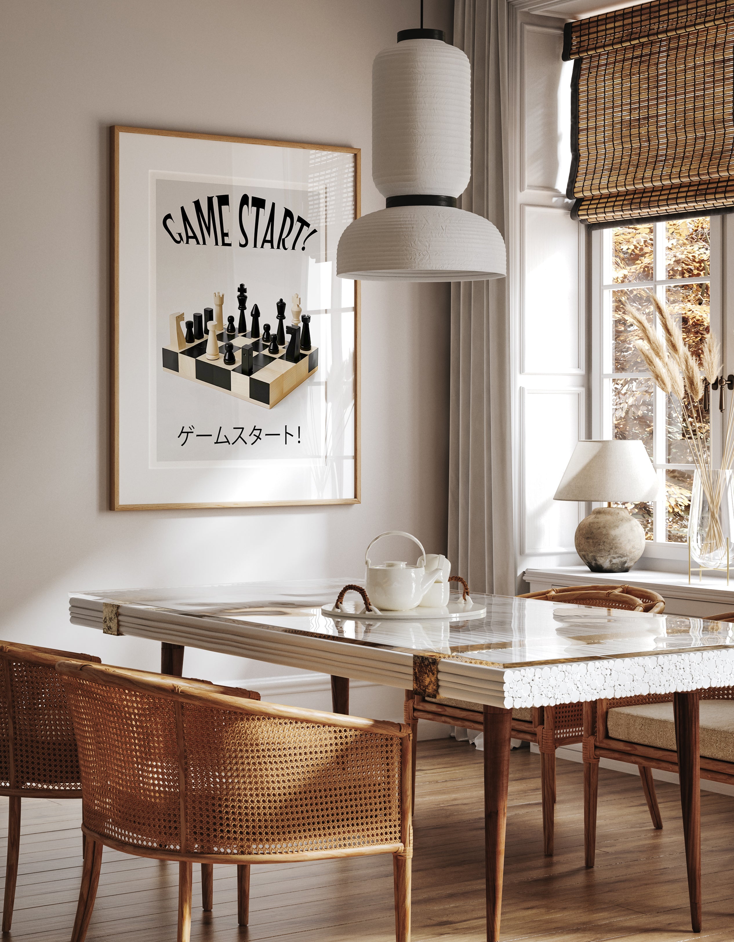 Game Start! Poster – Modern Chessboard Bauhaus Art Print with Typography – Minimalist Strategy Decor
