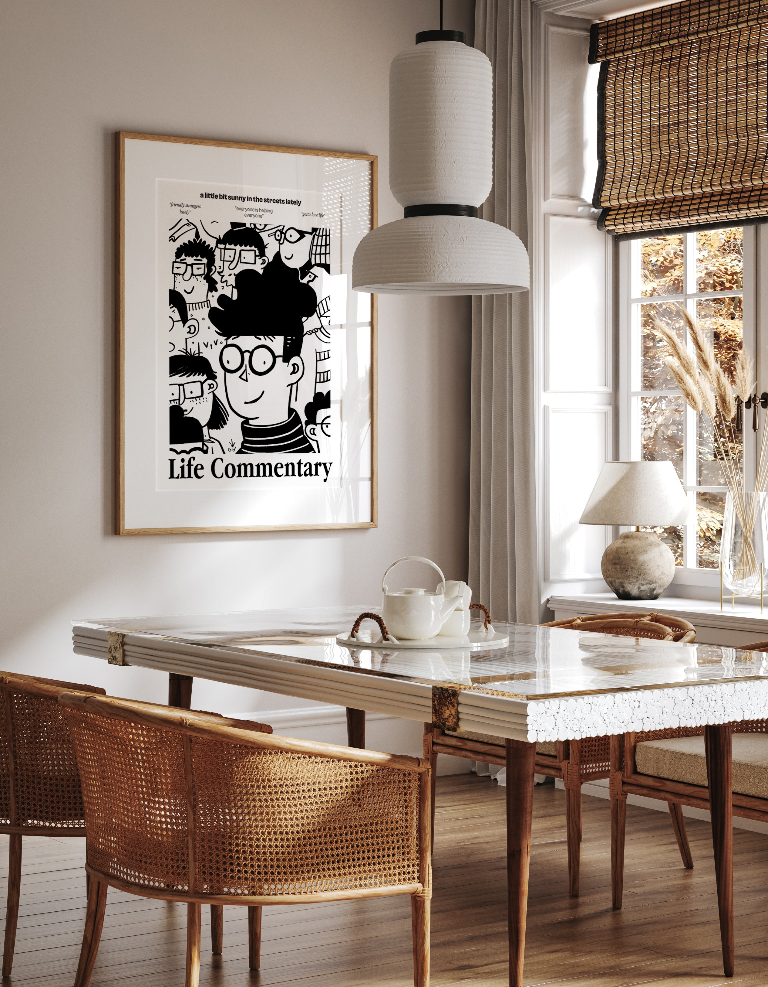 Life Commentary Poster – Playful Crowd Sketch with Positive Urban Quotes Print