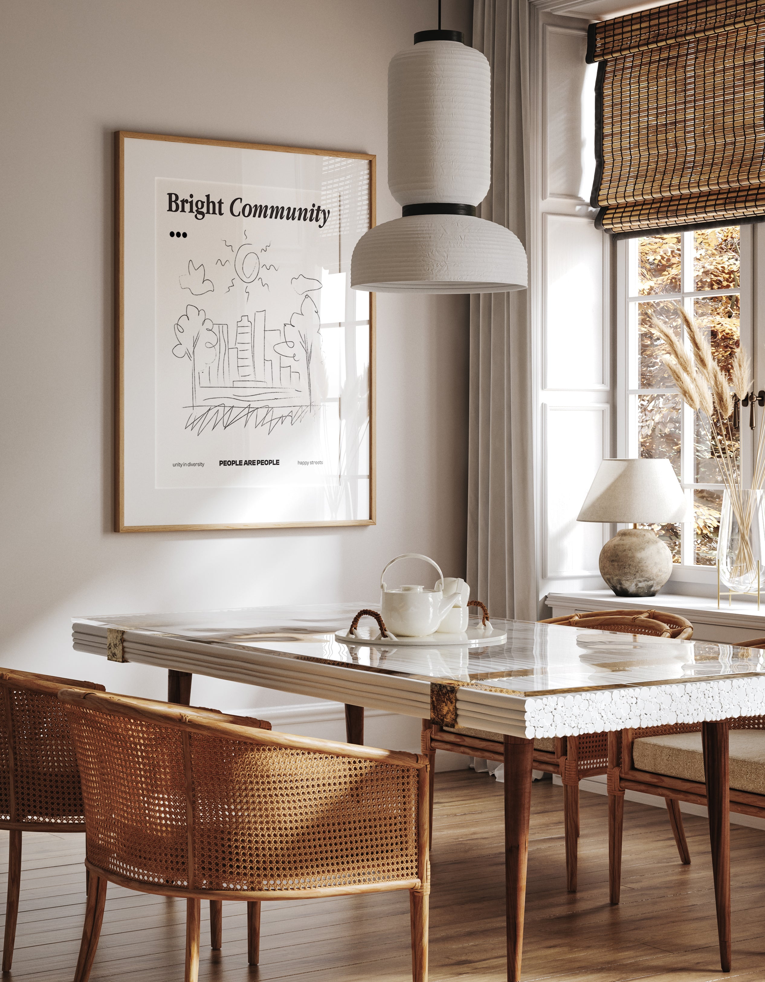 Bright City Community Poster – Whimsical Urban Park Line Drawing Print