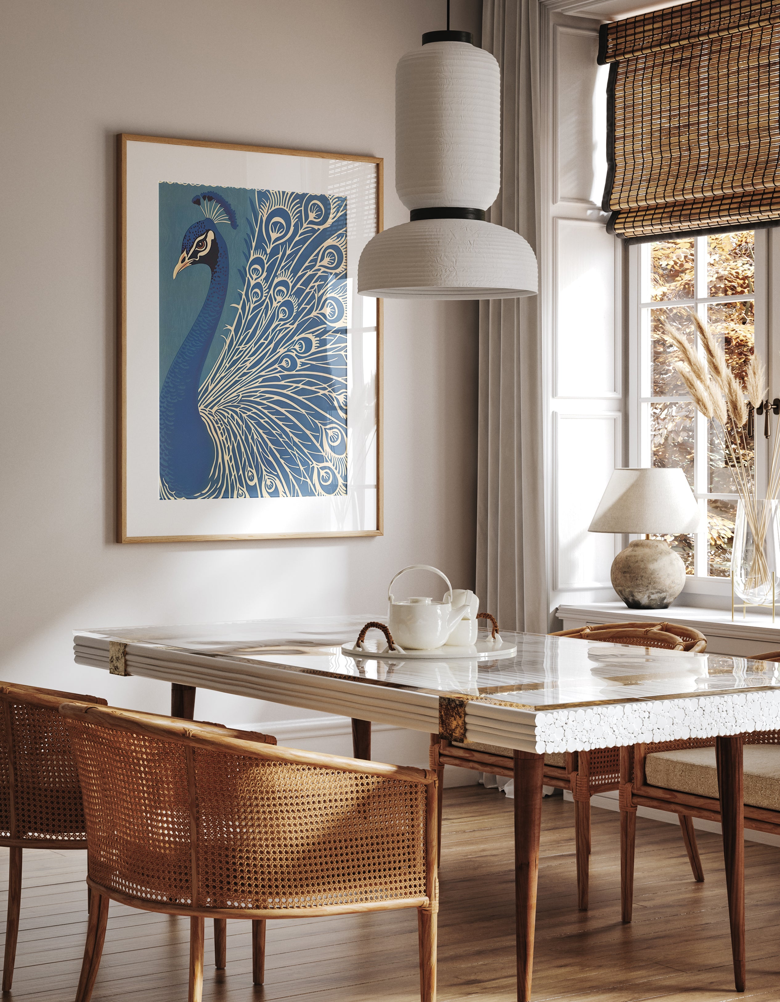 Majestic Blue Peacock Silhouette Wall Print