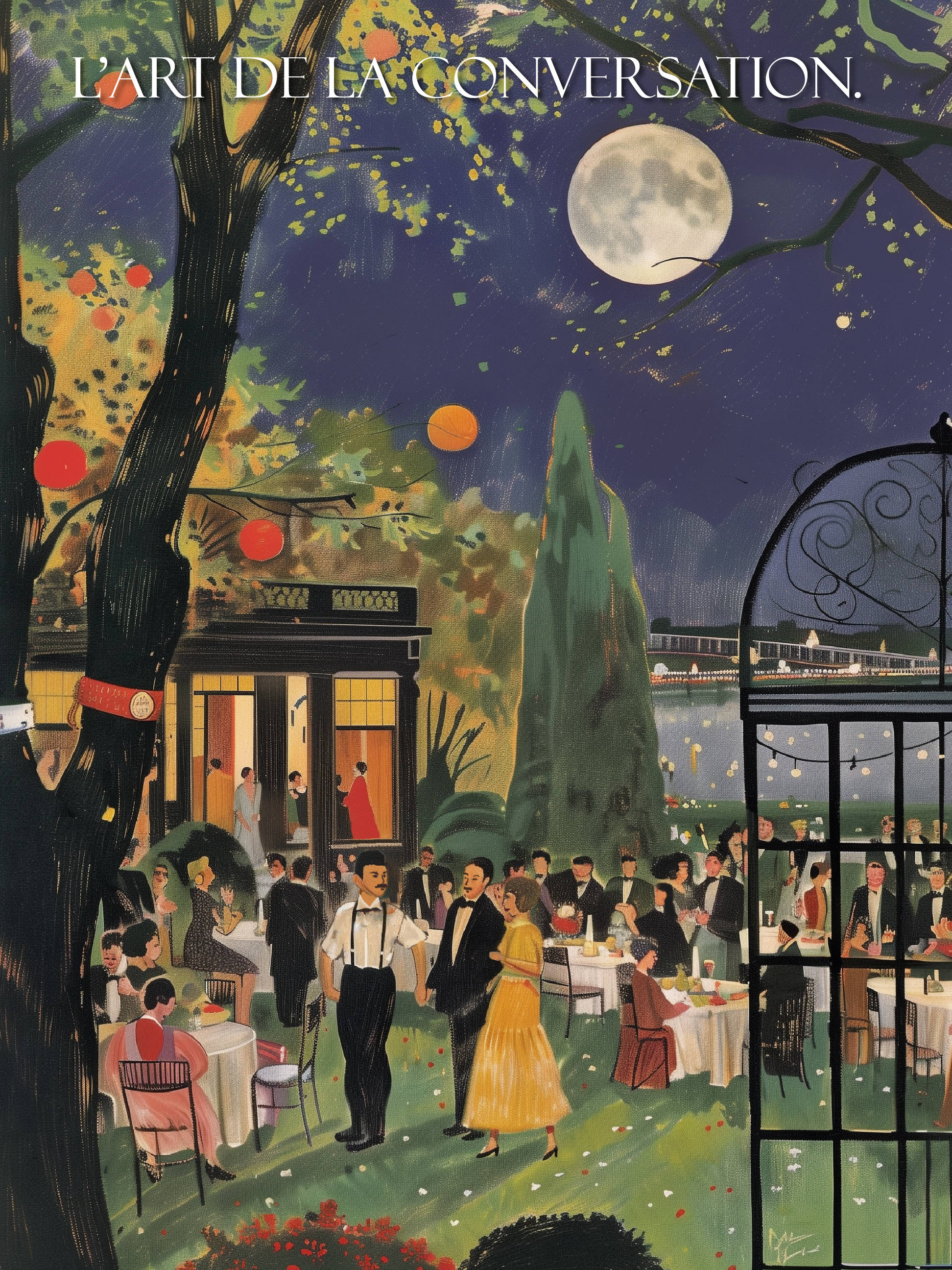 Elegant Moonlit Garden Conversation Retro Art Print