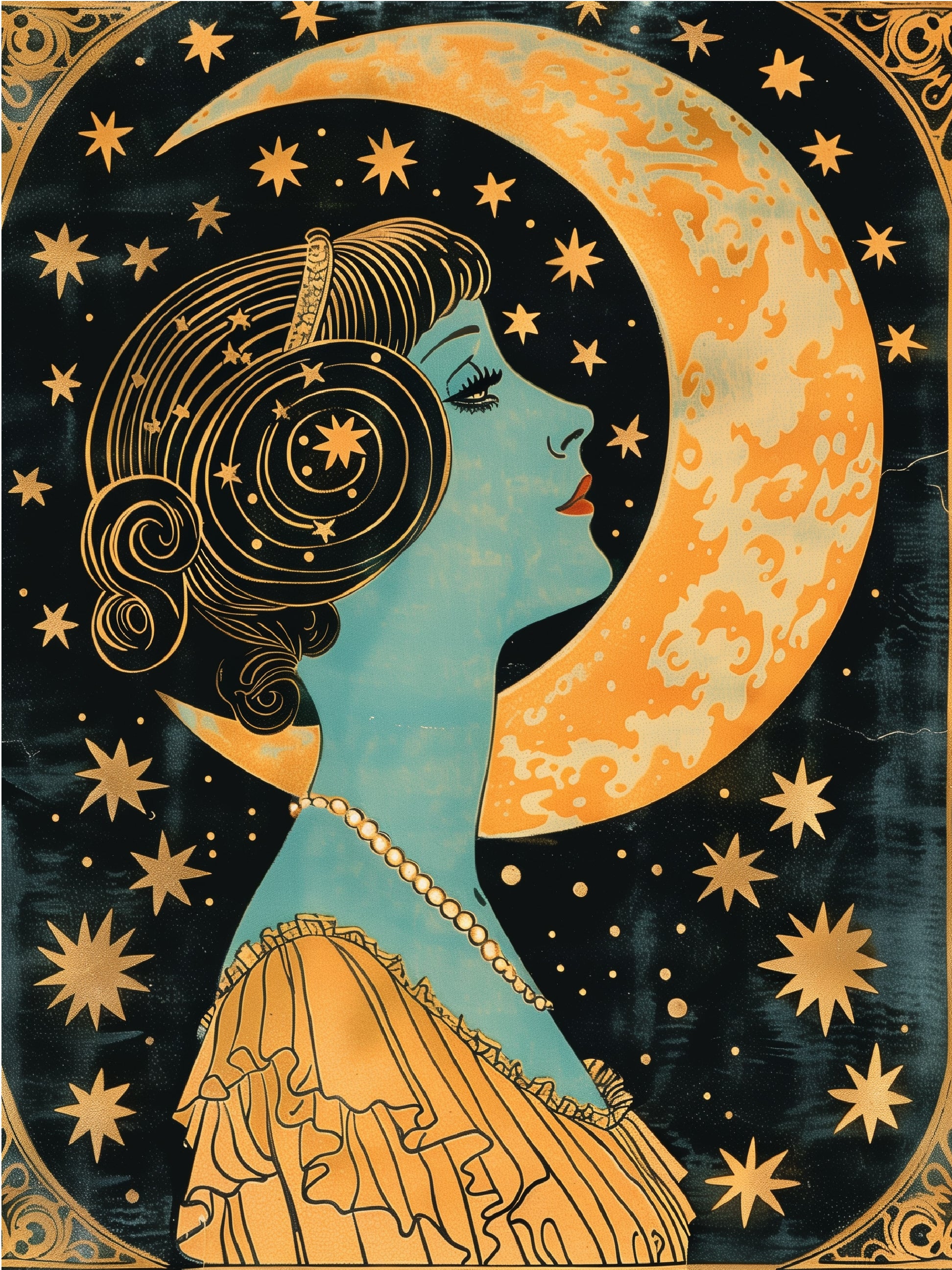 Moon and Stars Art Nouveau Print