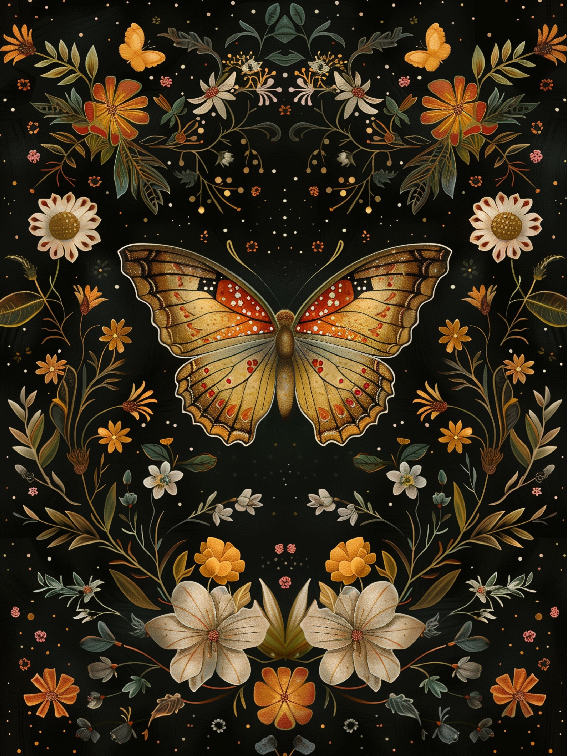 Butterfly and Flowers Black Background Artwork Print