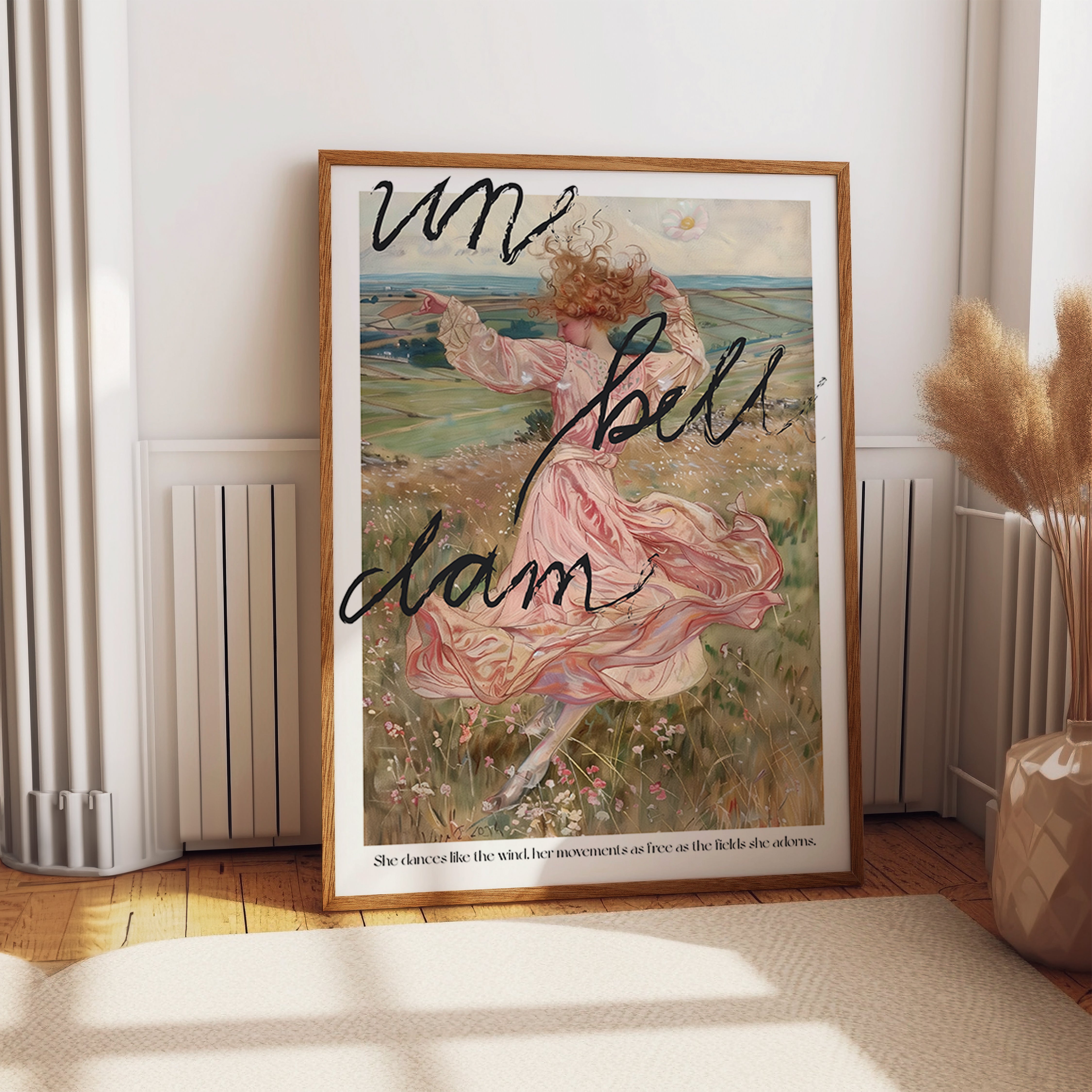 Woman Dancing in Fields Poster - Romantic Windblown Pastoral Scene Print