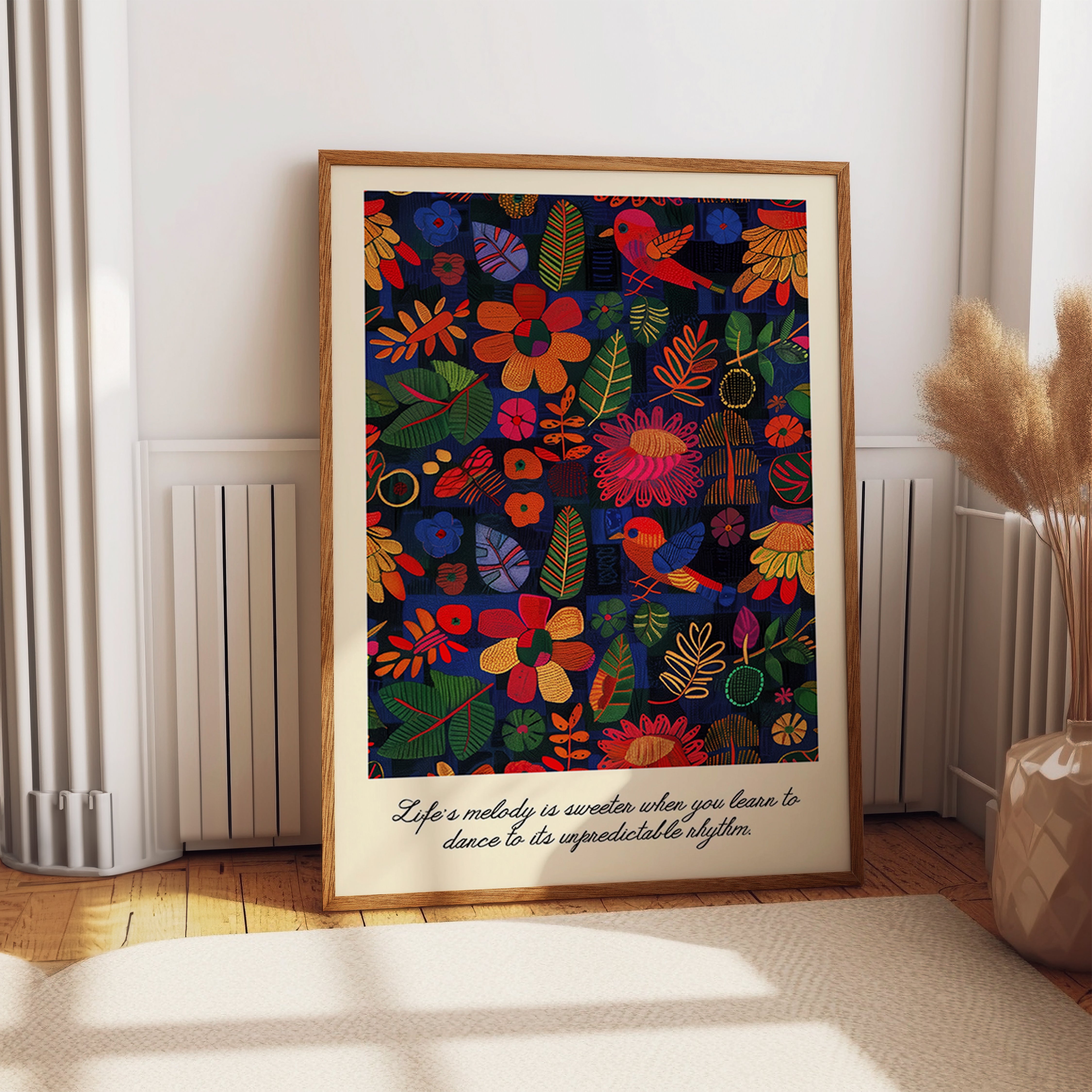 Vibrant Garden Birds Folk Art Style Print