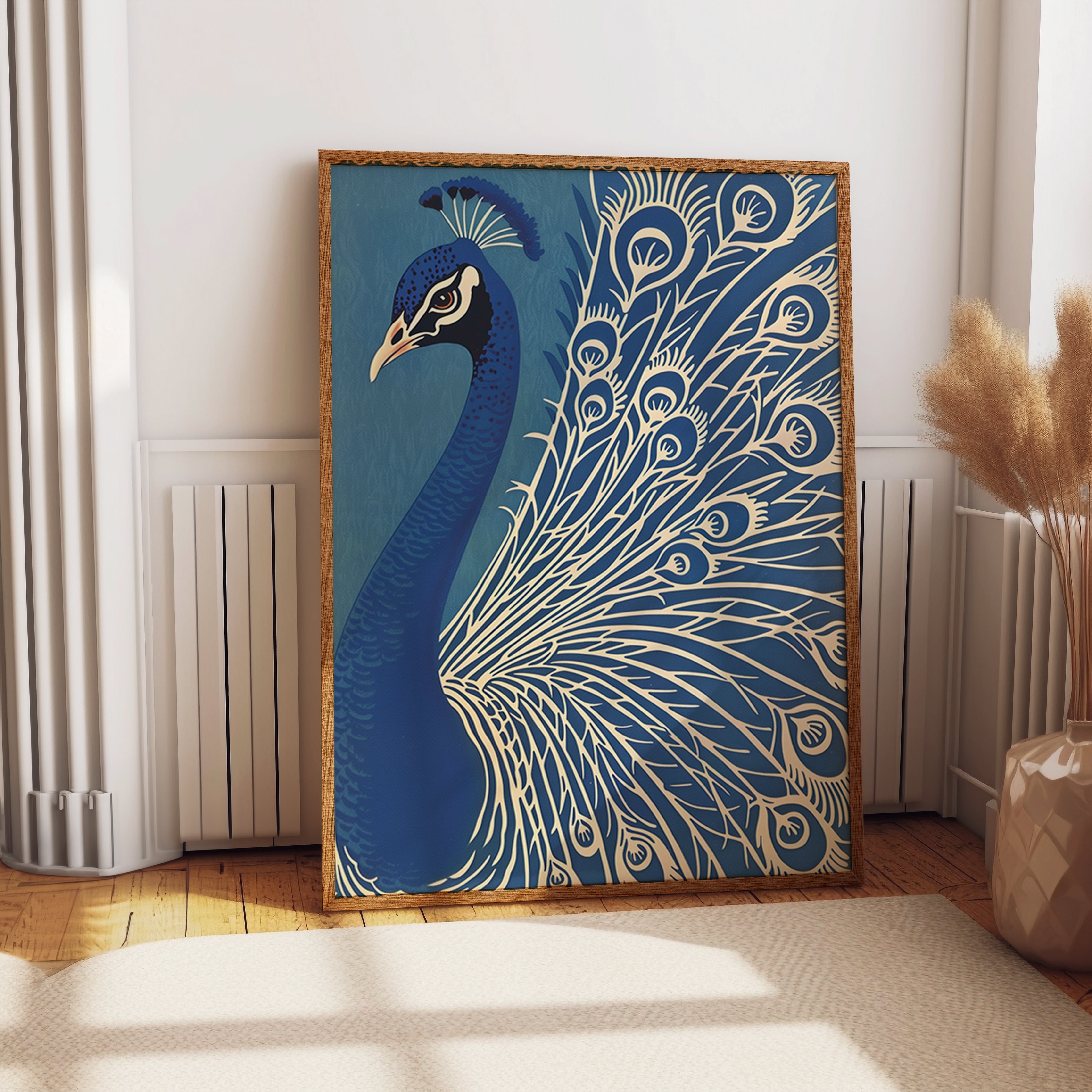 Majestic Blue Peacock Silhouette Wall Print