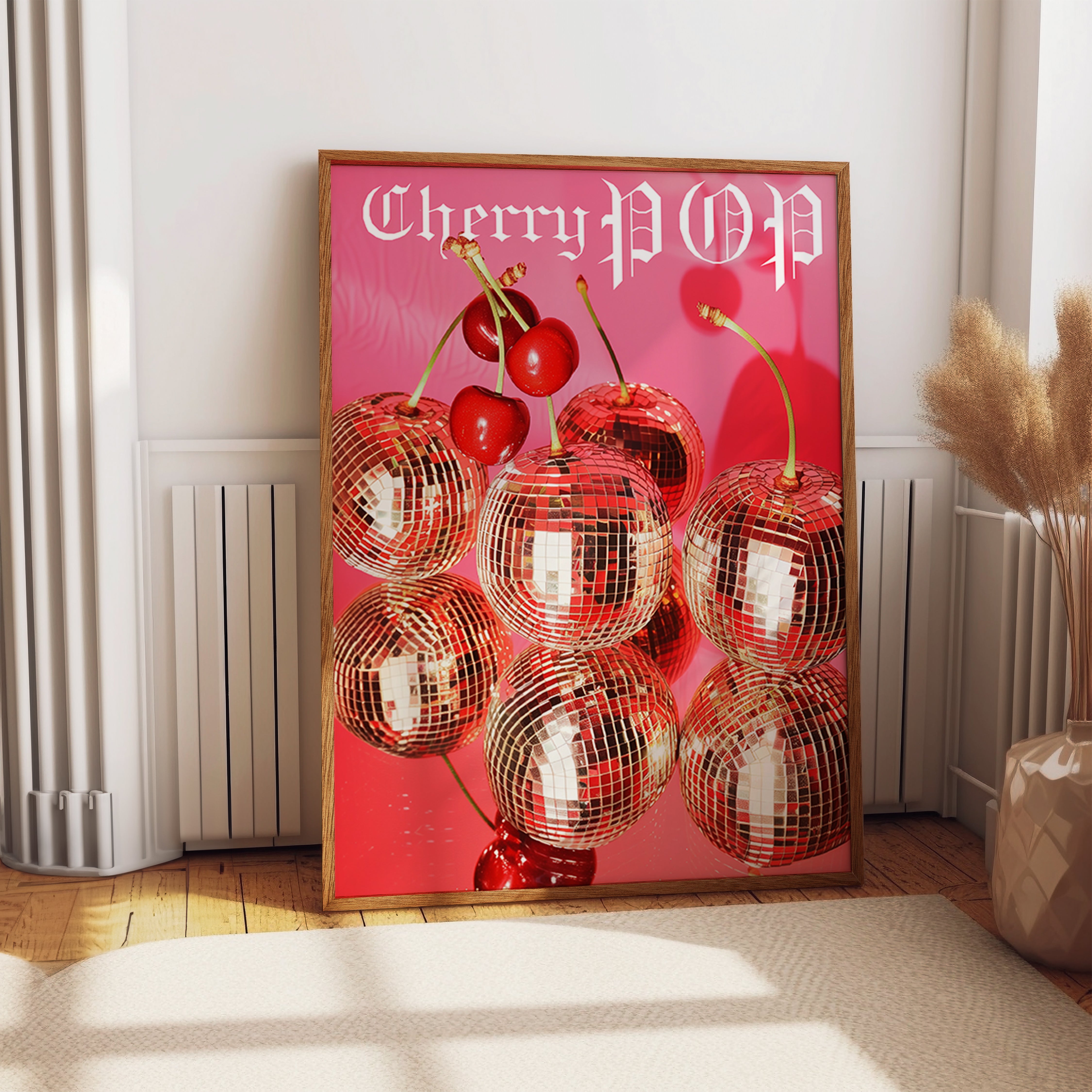 Cherry Pop Wall Art – Glam Disco Cherry Poster in Bold Pink and Red – Retro Pop Art Print