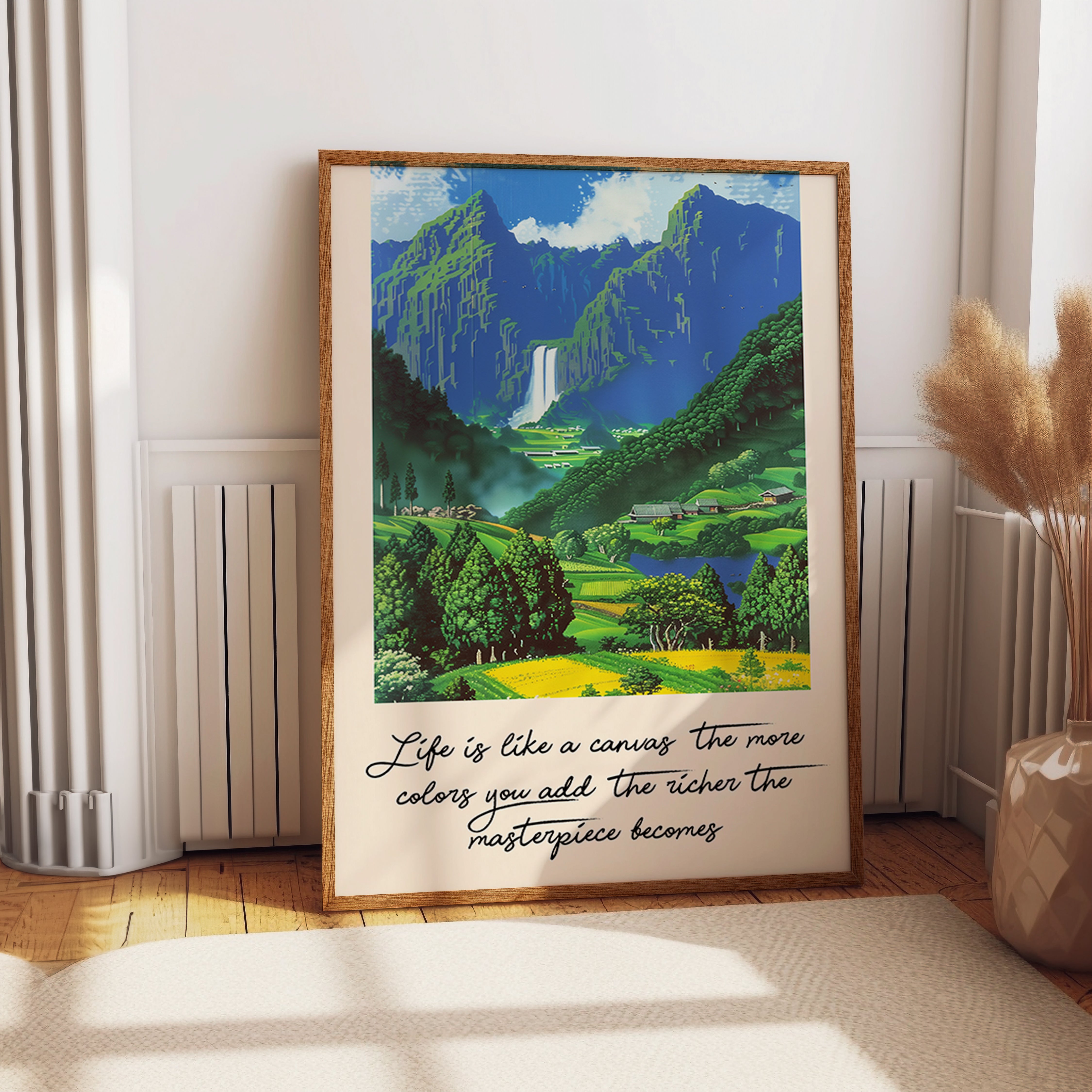 Mountain Waterfall Village Scenic Wall Print