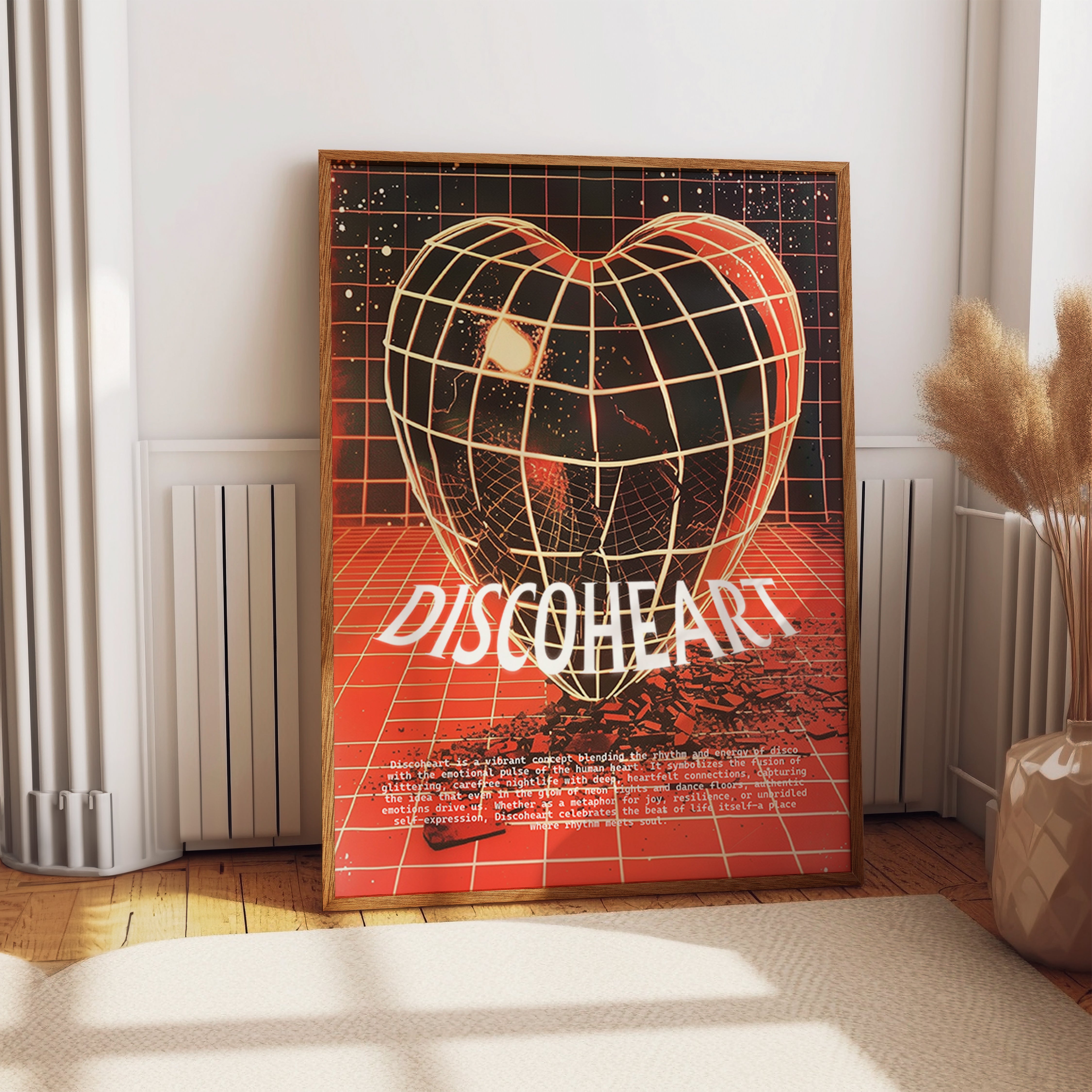 Discoheart Wall Art – Retro Grid Heart Print – Emotional Neon Poster