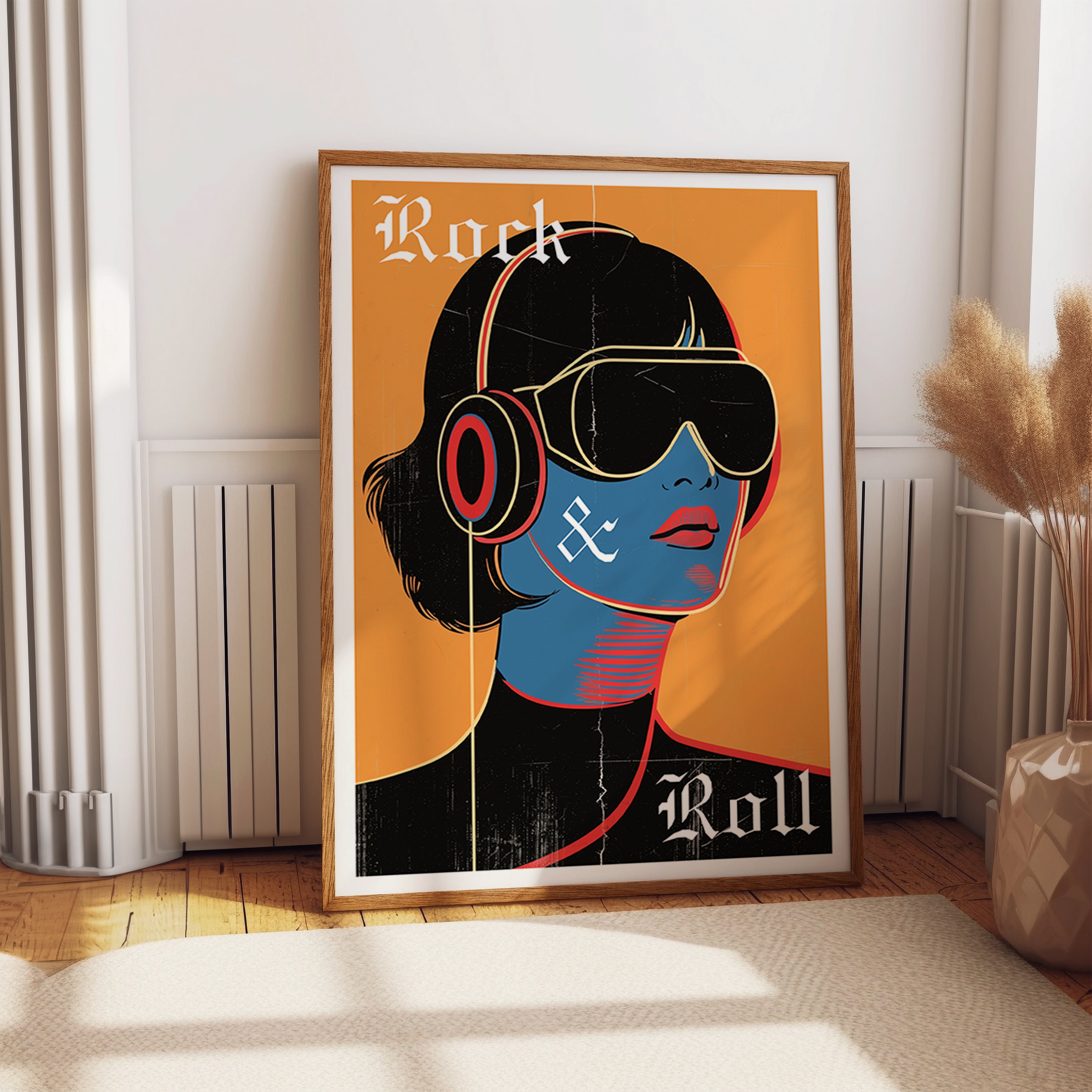 Rock & Roll Pop Art Print – Bold Retro Portrait with Headphones and Sunglasses – Luxury Wall Poster