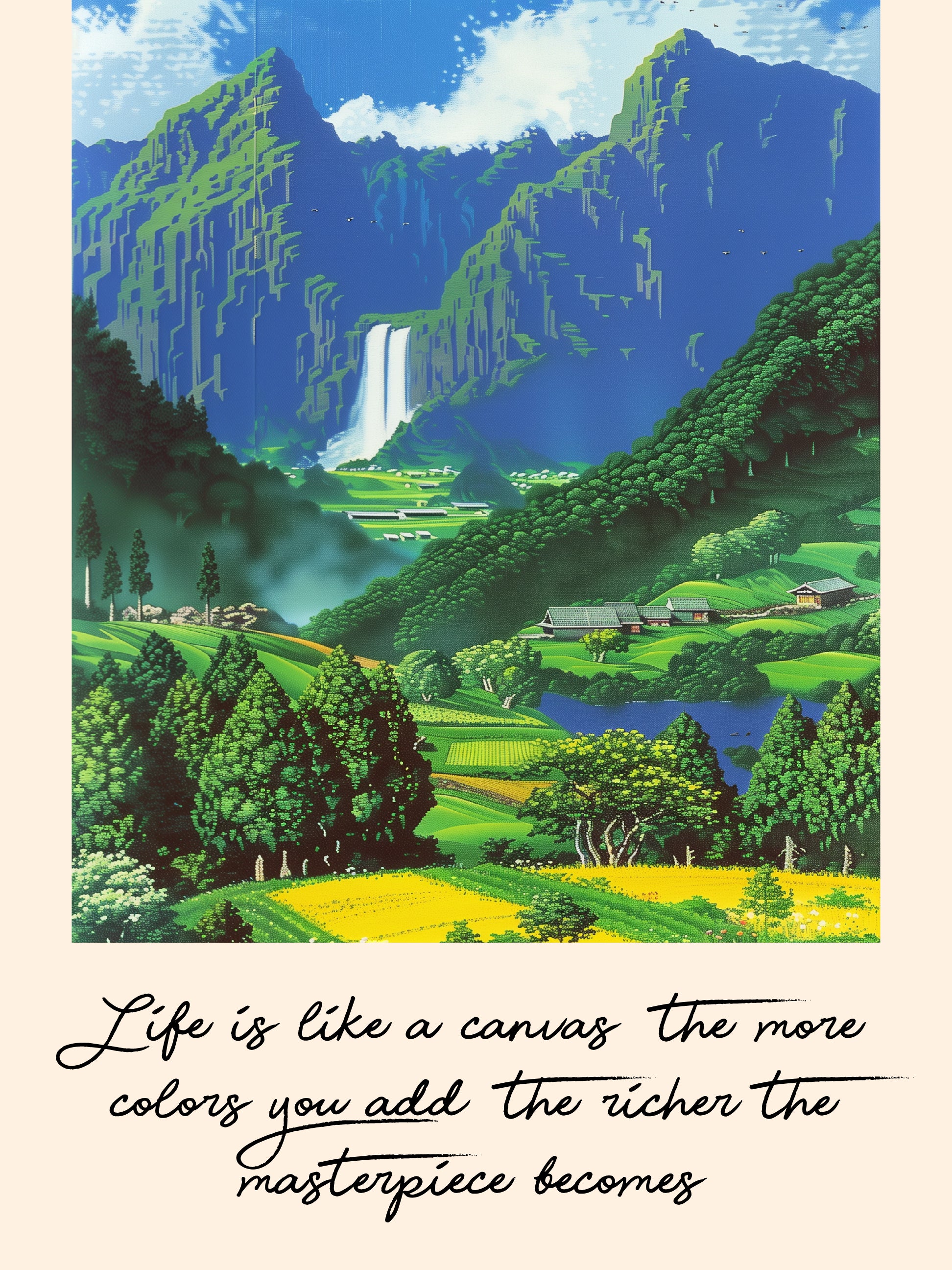 Mountain Waterfall Village Scenic Wall Print