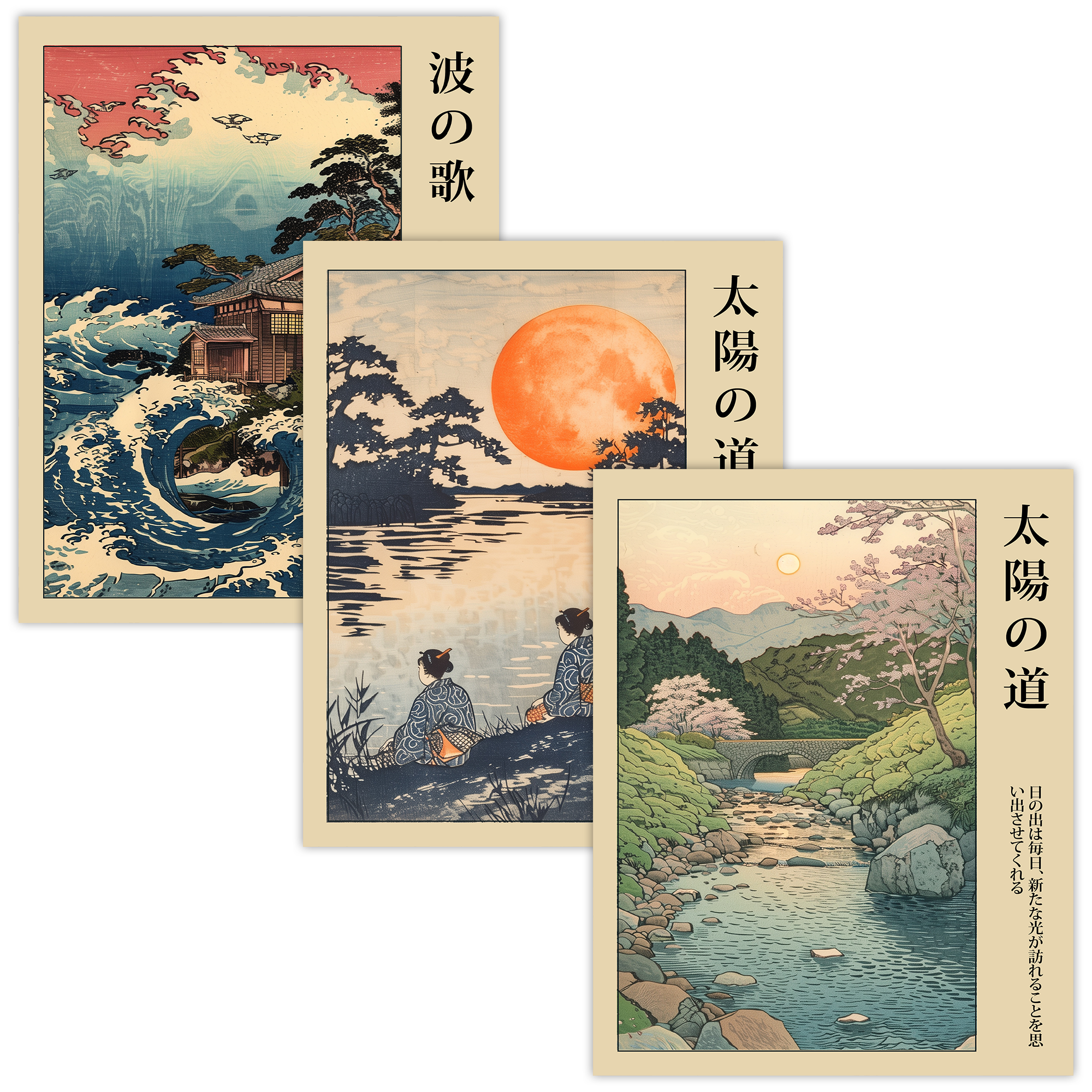 Japanese Vintage Landscape Prints Set of 3 – Sunrise River, Sunset Reflection, Ocean Waves – Poster Print