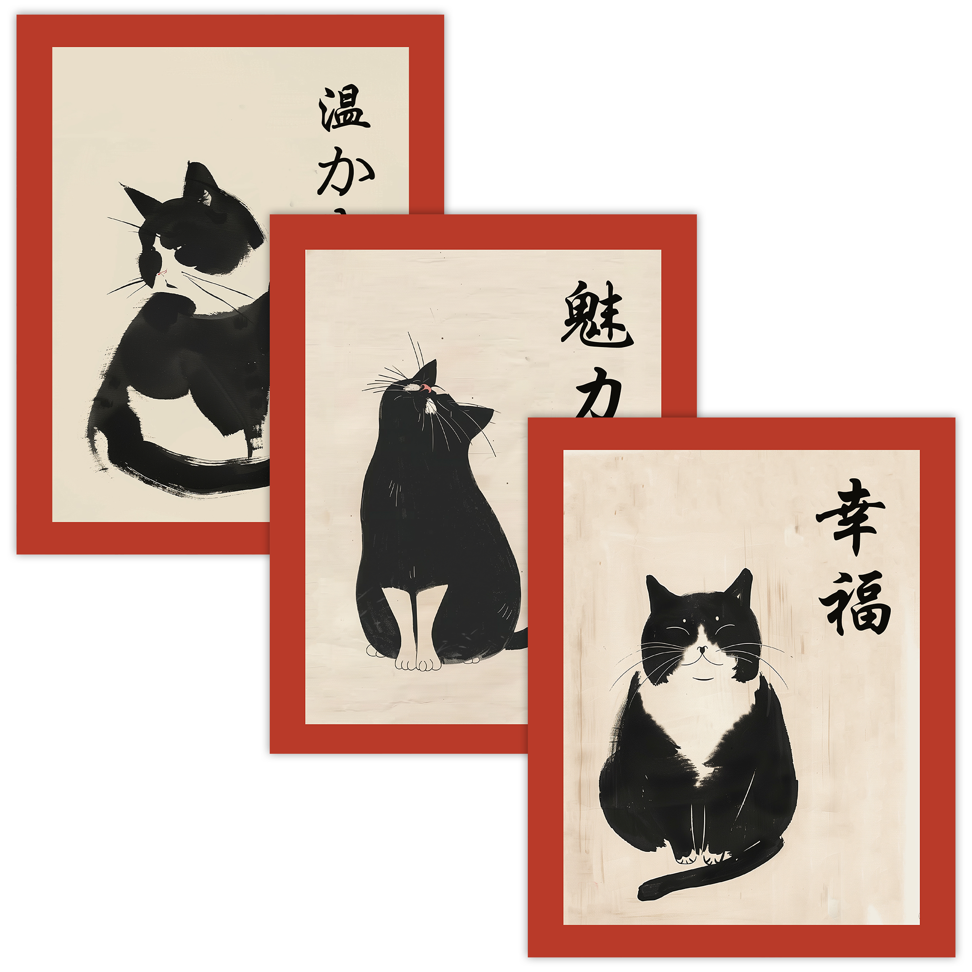 Zen Cat Brush Painting Print Set of 3 – Japanese Calligraphy Cat Trio Wall Art