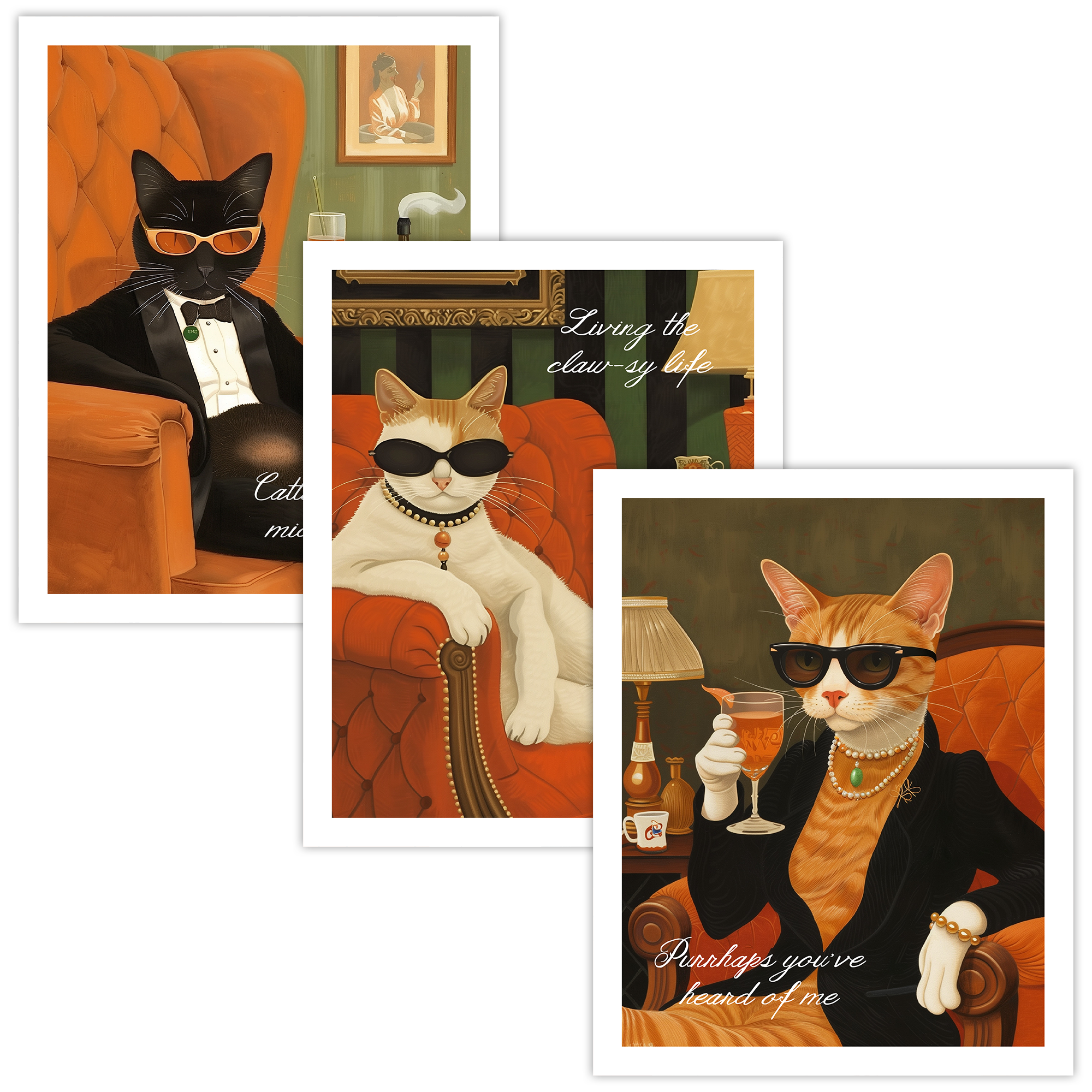 Luxury Cat Portraits Wall Art – Sophisticated Feline Trio Poster Set of 3 – Classy Cat Decor