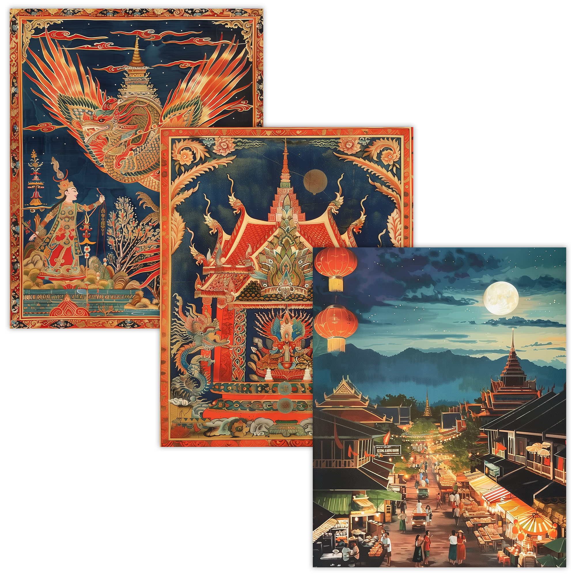 Thai Mythology Temple Art Set of 3 Print
