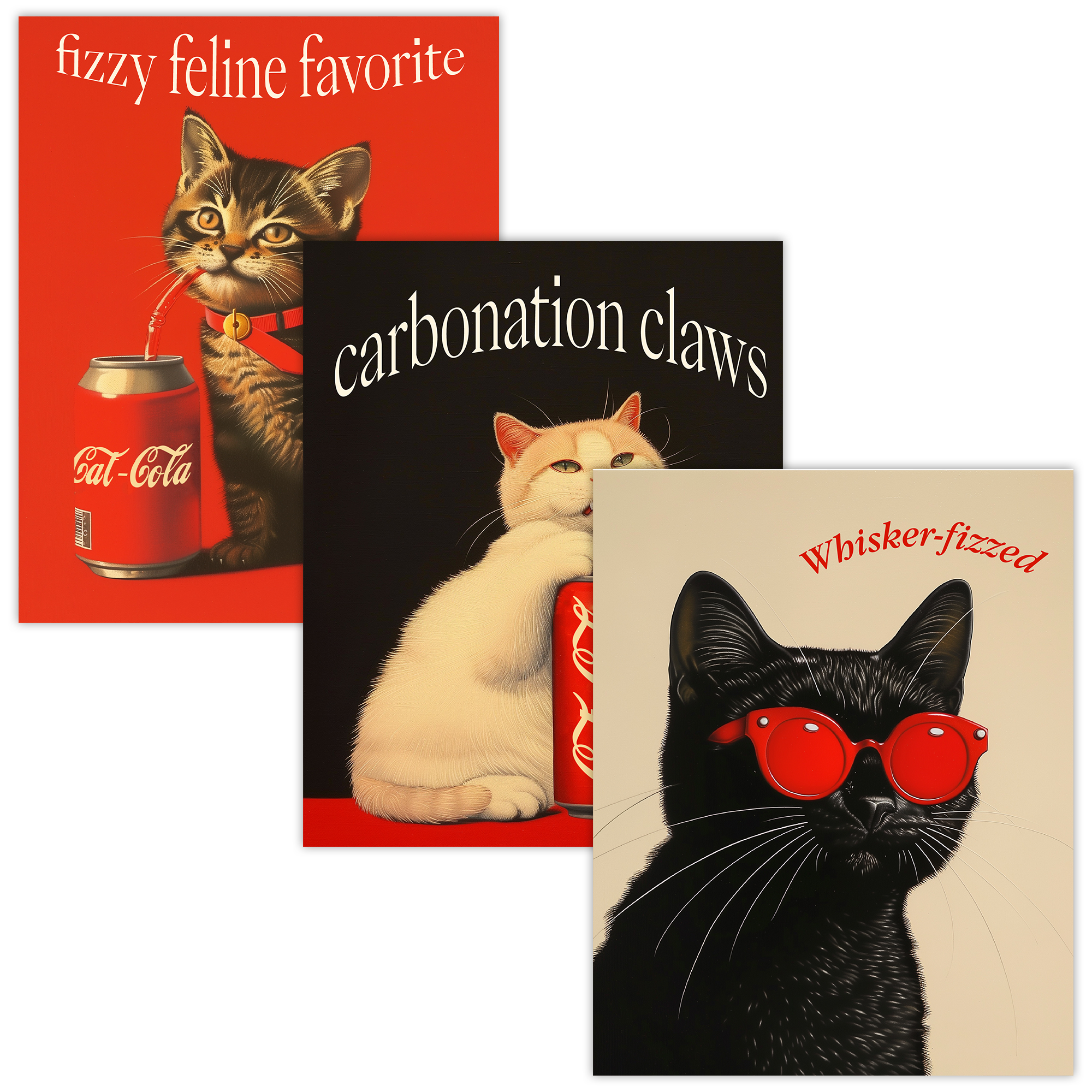 Cat-Cola Feline Pop Art Trio – Retro Whimsical Cat Prints with Soda Theme Set of 3 – Bold Funny Posters