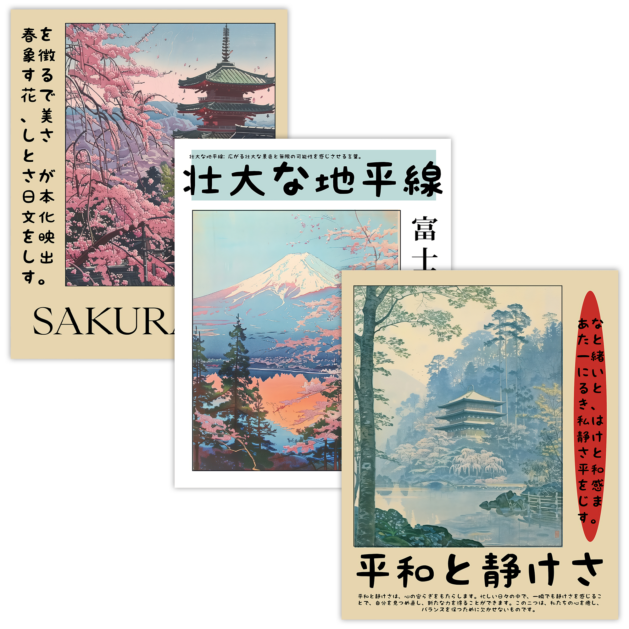 Japanese Tranquility Wall Art Set of 3 – Fujisan, Sakura & Peaceful Temple Prints