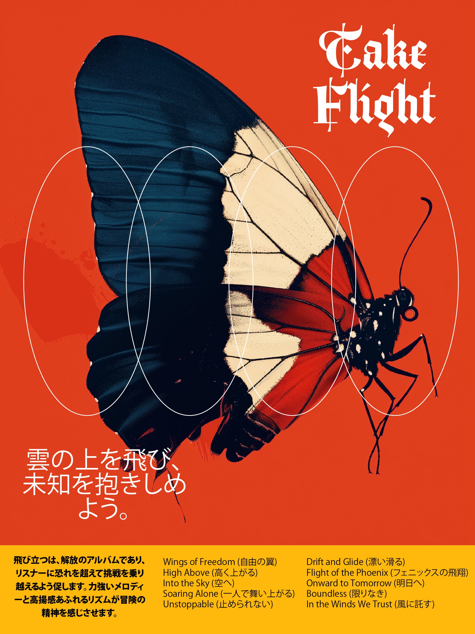 Take Flight Poster – Bold Butterfly Metaphor with Japanese Typography Print
