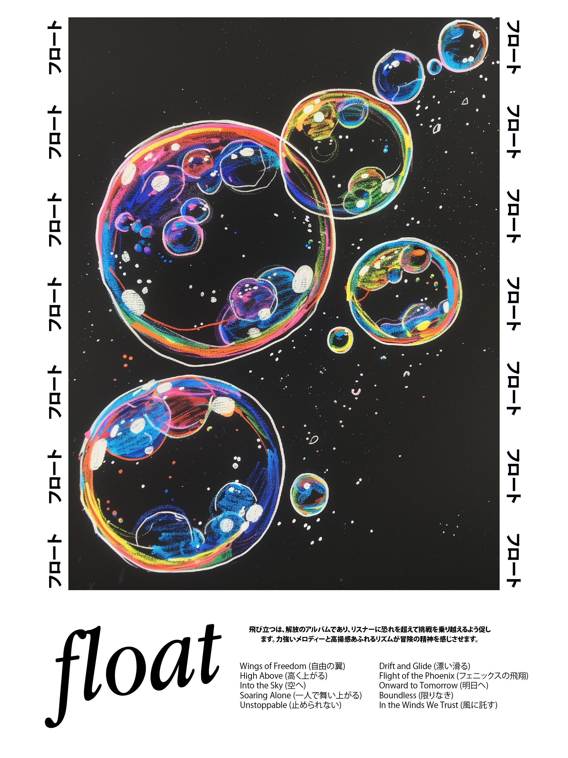 Float Poster – Neon Rainbow Bubbles on Black Surreal Space Art Print