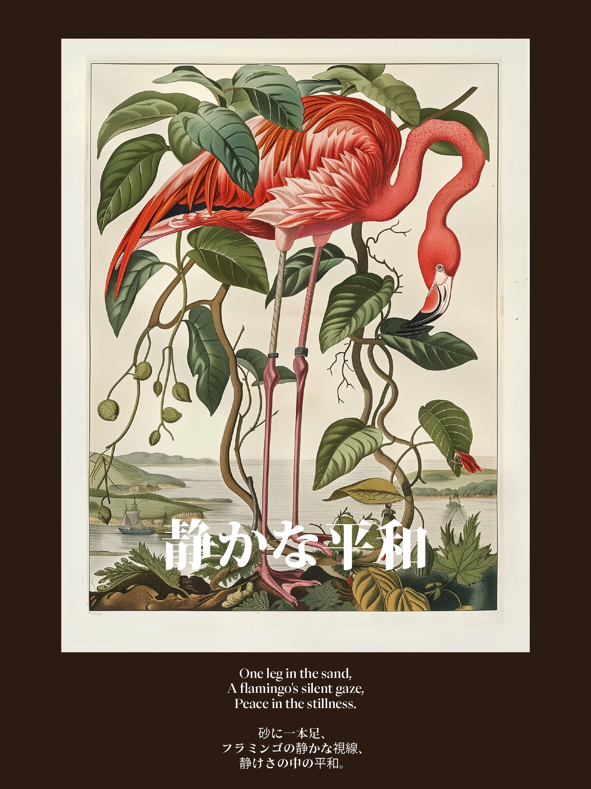 Tranquil Flamingo Poster – Retro Botanical Bird Illustration Art Print