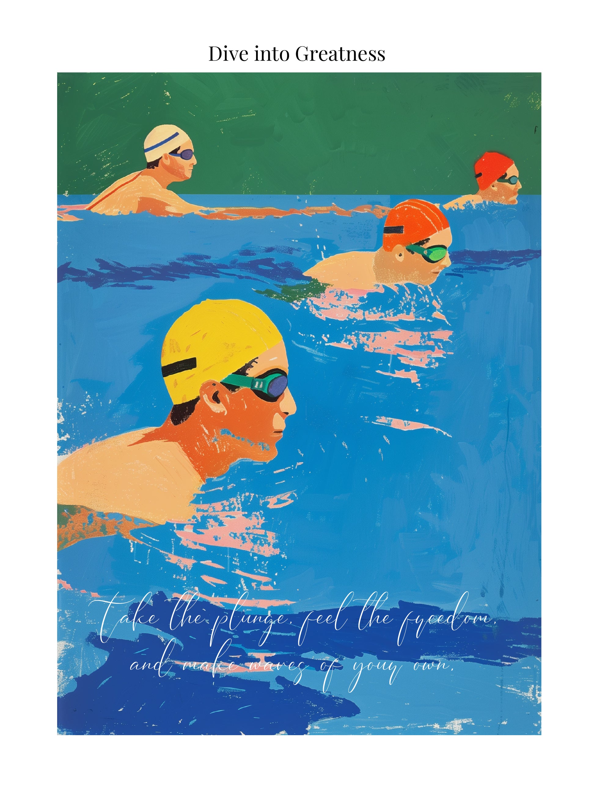 Competitive Swimmer Poster with Bold Colors and Motivational Quote – Sports Art Print