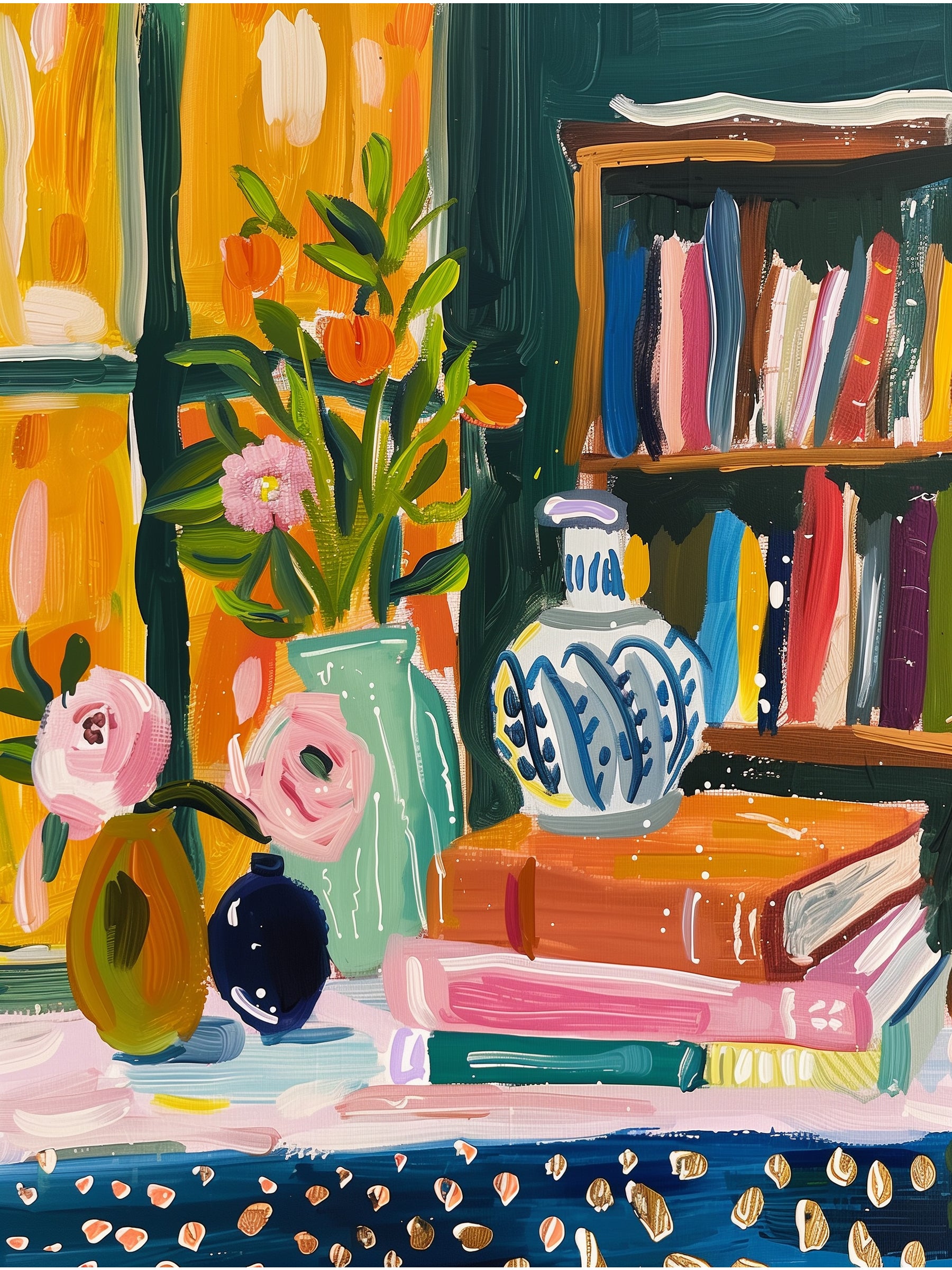 Vibrant Still Life Bookshelf Print