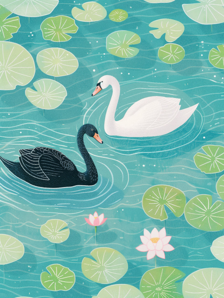 Swan Pair in Lotus Pond Print