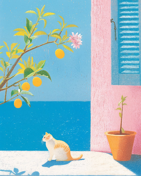 Coastal Kitten and Orange Tree Print