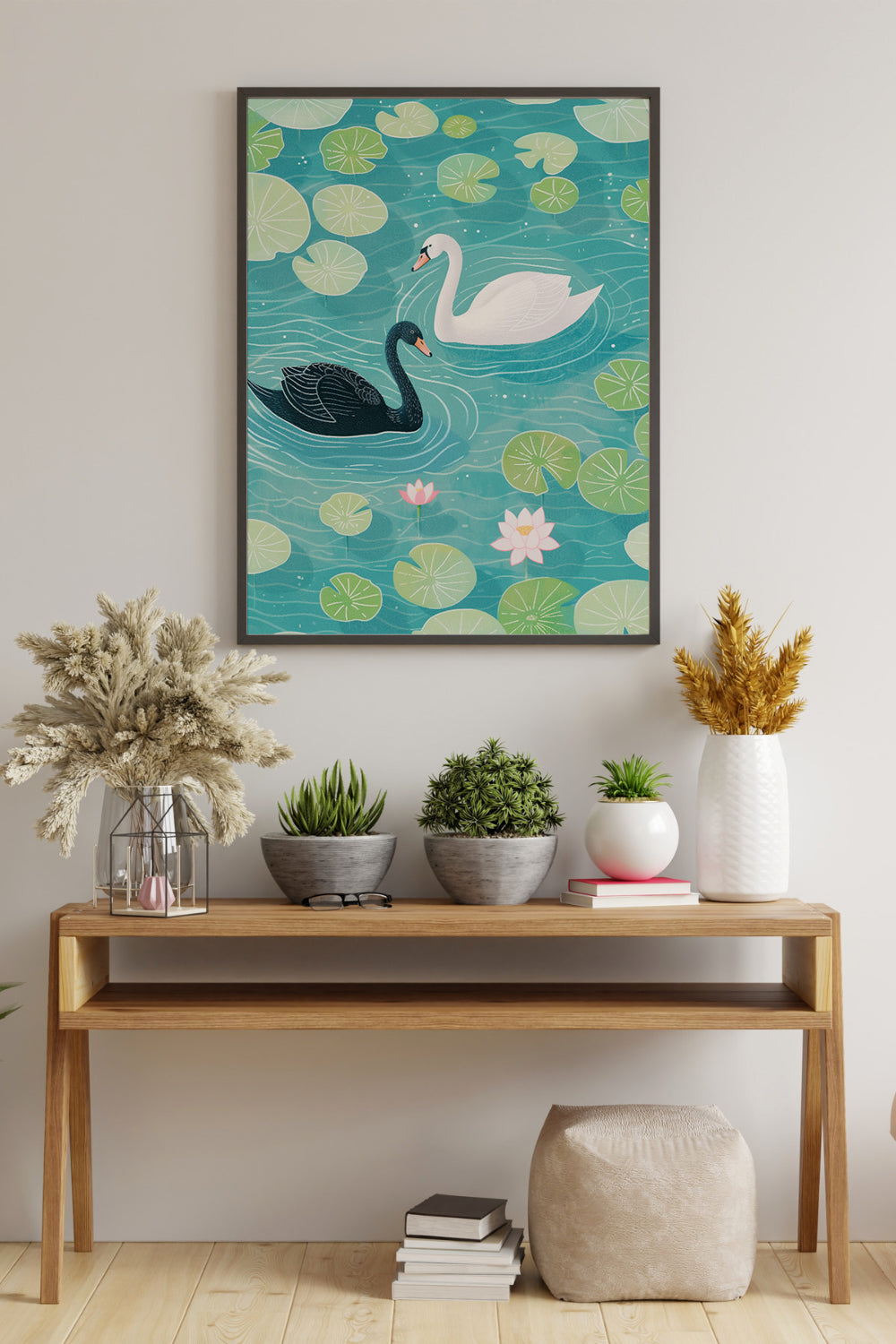 Swan Pair in Lotus Pond Print