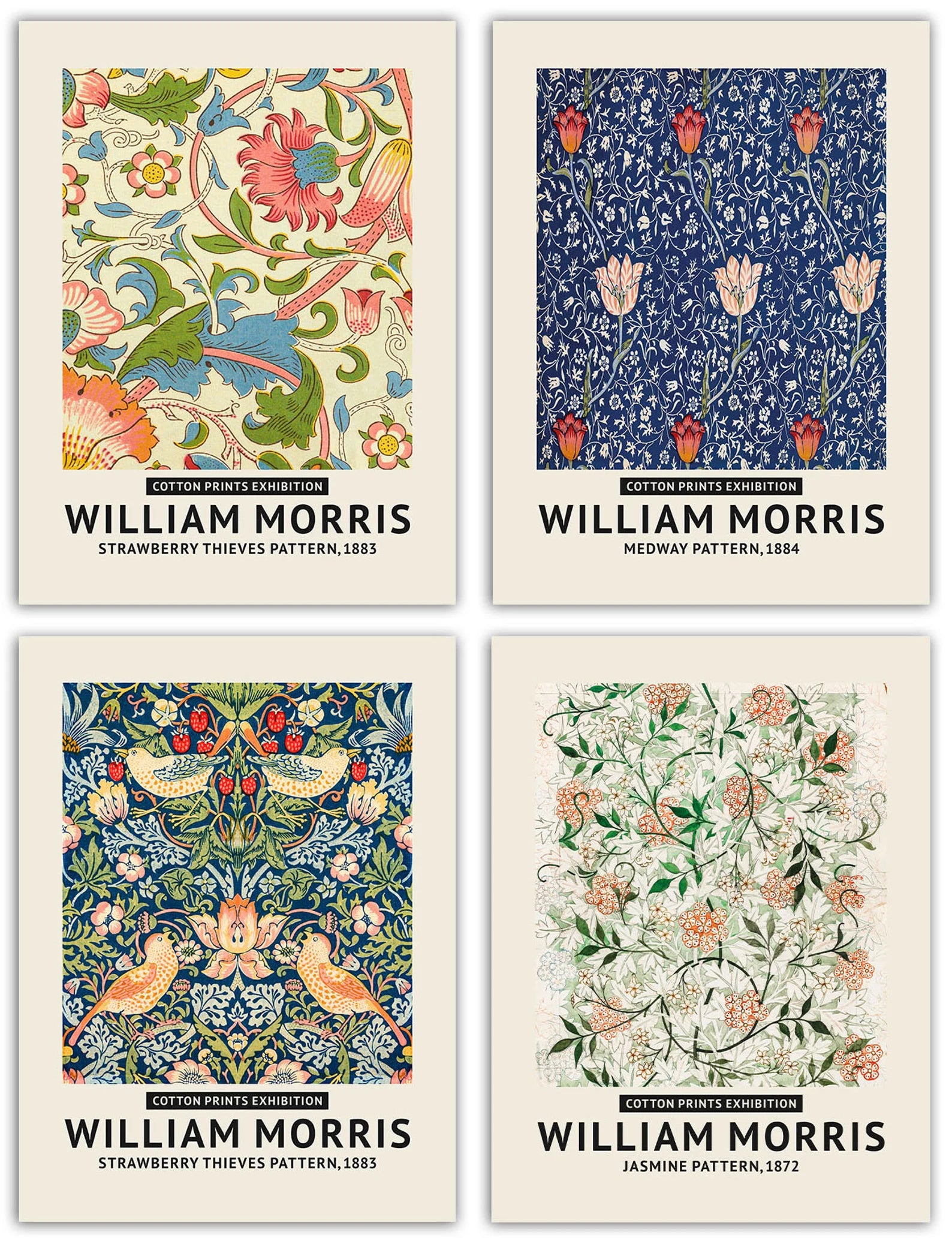 William Morris Set mit 4 Textildesigns für die Arts and Crafts-Bewegung. Farbenfrohe Handwerkskunst, Tapetenmusterdrucke mit Blumen und Vögeln